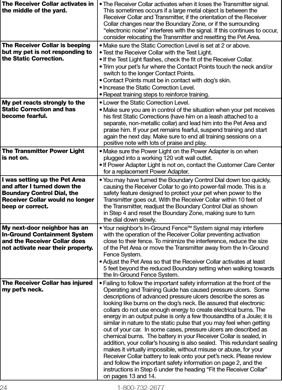 24 1-800-732-2677   www.petsafe.net 25 The Receiver Collar activates in the middle of the yard.• The Receiver Collar activates when it loses the Transmitter signal. This sometimes occurs if a large metal object is between the Receiver Collar and Transmitter, if the orientation of the Receiver Collar changes near the Boundary Zone, or if the surrounding “electronic noise” interferes with the signal. If this continues to occur, consider relocating the Transmitter and resetting the Pet Area.The Receiver Collar is beeping but my pet is not responding to the Static Correction.• Make sure the Static Correction Level is set at 2 or above. • Test the Receiver Collar with the Test Light.• If the Test Light ﬂashes, check the ﬁt of the Receiver Collar.• Trim your pet’s fur where the Contact Points touch the neck and/or switch to the longer Contact Points.• Contact Points must be in contact with dog’s skin.• Increase the Static Correction Level. • Repeat training steps to reinforce training. My pet reacts strongly to the Static Correction and has become fearful.• Lower the Static Correction Level.• Make sure you are in control of the situation when your pet receives his ﬁrst Static Corrections (have him on a leash attached to a separate, non-metallic collar) and lead him into the Pet Area and praise him. If your pet remains fearful, suspend training and start again the next day. Make sure to end all training sessions on a positive note with lots of praise and play. The Transmitter Power Light  is not on.• Make sure the Power Light on the Power Adapter is on when plugged into a working 120 volt wall outlet.• If Power Adapter Light is not on, contact the Customer Care Center for a replacement Power Adapter.I was setting up the Pet Area and after I turned down the Boundary Control Dial, the Receiver Collar would no longer beep or correct.• You may have turned the Boundary Control Dial down too quickly, causing the Receiver Collar to go into power-fail mode. This is a safety feature designed to protect your pet when power to the Transmitter goes out. With the Receiver Collar within 10 feet of  the Transmitter, readjust the Boundary Control Dial as shown  in Step 4 and reset the Boundary Zone, making sure to turn  the dial down slowly.My next-door neighbor has an In-Ground Containment System and the Receiver Collar does not activate near their property.• Your neighbor’s In-Ground FenceTM System signal may interfere  with the operation of the Receiver Collar preventing activation  close to their fence. To minimize the interference, reduce the size  of the Pet Area or move the Transmitter away from the In-Ground Fence System. • Adjust the Pet Area so that the Receiver Collar activates at least  5 feet beyond the reduced Boundary setting when walking towards the In-Ground Fence System.The Receiver Collar has injured my pet’s neck.• Failing to follow the important safety information at the front of the Operating and Training Guide has caused pressure ulcers.  Some descriptions of advanced pressure ulcers describe the sores as looking like burns on the dog’s neck. Be assured that electronic collars do not use enough energy to create electrical burns. The energy in an output pulse is only a few thousandths of a Joule; it is similar in nature to the static pulse that you may feel when getting out of your car.  In some cases, pressure ulcers are described as chemical burns.  The battery in your Receiver Collar is sealed, in addition, your collar’s housing is also sealed.  This redundant sealing makes it virtually impossible, without misuse or abuse, for your Receiver Collar battery to leak onto your pet’s neck. Please review and follow the important safety information on page 2, and the instructions in Step 6 under the heading “Fit the Receiver Collar”  on pages 13 and 14. 