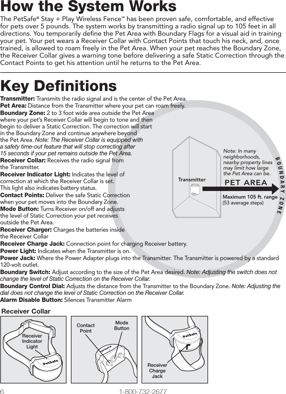 6 1-800-732-2677   www.petsafe.net 7 Note: In many neighborhoods, nearby property lines may limit how large the Pet Area can be. Maximum 105 ft. range(53 average steps)PET AREATransmitterHow the System WorksThe PetSafe® Stay + Play Wireless Fence™ has been proven safe, comfortable, and effective for pets over 5 pounds. The system works by transmitting a radio signal up to 105 feet in all directions. You temporarily deﬁne the Pet Area with Boundary Flags for a visual aid in training your pet. Your pet wears a Receiver Collar with Contact Points that touch his neck, and, once trained, is allowed to roam freely in the Pet Area. When your pet reaches the Boundary Zone, the Receiver Collar gives a warning tone before delivering a safe Static Correction through the Contact Points to get his attention until he returns to the Pet Area.Key DefinitionsTransmitter: Transmits the radio signal and is the center of the Pet Area.Pet Area: Distance from the Transmitter where your pet can roam freely.Boundary Zone: 2 to 3 foot wide area outside the Pet Area where your pet’s Receiver Collar will begin to tone and then begin to deliver a Static Correction. The correction will start in the Boundary Zone and continue anywhere beyond the Pet Area. Note: The Receiver Collar is equipped with a safety time-out feature that will stop correcting after 15 seconds if your pet remains outside the Pet Area.Receiver Collar: Receives the radio signal from the Transmitter.Receiver Indicator Light: Indicates the level of correction at which the Receiver Collar is set. This light also indicates battery status.Contact Points: Deliver the safe Static Correction when your pet moves into the Boundary Zone.Mode Button: Turns Receiver on/off and adjusts the level of Static Correction your pet receives outside the Pet Area.Receiver Charger: Charges the batteries inside the Receiver CollarReceiver Charge Jack: Connection point for charging Receiver battery.Power Light: Indicates when the Transmitter is on.Power Jack: Where the Power Adapter plugs into the Transmitter. The Transmitter is powered by a standard 120-volt outlet.Boundary Switch: Adjust according to the size of the Pet Area desired. Note: Adjusting the switch does not change the level of Static Correction on the Receiver Collar.Boundary Control Dial: Adjusts the distance from the Transmitter to the Boundary Zone. Note: Adjusting the dial does not change the level of Static Correction on the Receiver Collar.Alarm Disable Button: Silences Transmitter AlarmReceiver CollarReceiver Indicator LightContact PointMode ButtonReceiver Charge Jack