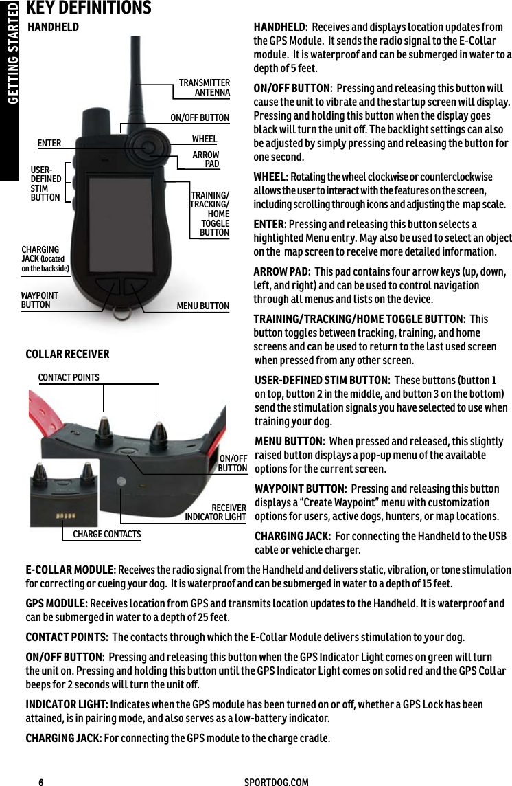 6SPORTDOG.COMGETTING STARTEDKEY DEFINITIONS HANDHELD        HANDHELD:  Receives and displays location updates from the GPS Module.  It sends the radio signal to the E-Collar module.  It is waterproof and can be submerged in water to a depth of 5 feet. ON/OFF BUTTON:  Pressing and releasing this button will cause the unit to vibrate and the startup screen will display. Pressing and holding this button when the display goes black will turn the unit oﬀ. The backlight settings can also be adjusted by simply pressing and releasing the button for one second.WHEEL: Rotating the wheel clockwise or counterclockwise allows the user to interact with the features on the screen, including scrolling through icons and adjusting the  map scale.ENTER: Pressing and releasing this button selects a highlighted Menu entry. May also be used to select an object on the  map screen to receive more detailed information. ARROW PAD:  This pad contains four arrow keys (up, down, left, and right) and can be used to control navigation through all menus and lists on the device.TRAINING/TRACKING/HOME TOGGLE BUTTON:  This button toggles between tracking, training, and home screens and can be used to return to the last used screen when pressed from any other screen. USER-DEFINED STIM BUTTON:  These buttons (button 1 on top, button 2 in the middle, and button 3 on the bottom) send the stimulation signals you have selected to use when training your dog.  MENU BUTTON:  When pressed and released, this slightly raised button displays a pop-up menu of the available options for the current screen.WAYPOINT BUTTON:  Pressing and releasing this button displays a “Create Waypoint” menu with customization options for users, active dogs, hunters, or map locations.CHARGING JACK:  For connecting the Handheld to the USB cable or vehicle charger.E-COLLAR MODULE: Receives the radio signal from the Handheld and delivers static, vibration, or tone stimulation for correcting or cueing your dog.  It is waterproof and can be submerged in water to a depth of 15 feet.GPS MODULE: Receives location from GPS and transmits location updates to the Handheld. It is waterproof and can be submerged in water to a depth of 25 feet.CONTACT POINTS:  The contacts through which the E-Collar Module delivers stimulation to your dog.ON/OFF BUTTON:  Pressing and releasing this button when the GPS Indicator Light comes on green will turn the unit on. Pressing and holding this button until the GPS Indicator Light comes on solid red and the GPS Collar beeps for 2 seconds will turn the unit oﬀ.INDICATOR LIGHT: Indicates when the GPS module has been turned on or oﬀ, whether a GPS Lock has been attained, is in pairing mode, and also serves as a low-battery indicator.  CHARGING JACK: For connecting the GPS module to the charge cradle. CONTACT POINTSRECEIVER  INDICATOR LIGHTON/OFFBUTTONTRANSMITTER ANTENNAWHEELCHARGING JACK (located on the backside)CHARGE CONTACTSCOLLAR RECEIVERON/OFF BUTTONENTERARROW PADTRAINING/TRACKING/ HOME TOGGLE BUTTONUSER-DEFINED STIM BUTTONMENU BUTTONWAYPOINT BUTTON