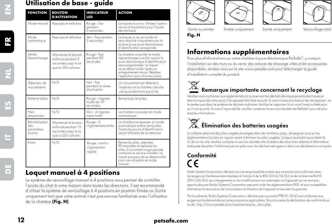 12 petsafe.comENFRESNLITDEUtilisation de base - guideFONCTION BOUTON D&apos;ACTIVATIONINDICATEUR LEDACTIONMode manuel Appuyez et relâchez Rouge - ﬁxe pendant 5 secondesLe loquet s&apos;ouvrira. Utilisez l&apos;option verrou à 4 positions pour l&apos;accès des animauxMode automatique Appuyez et relâchez Vert - ﬁxe pendant 5 secondes Le loquet va se verrouiller et sera réactivé uniquement par la lecture d’une puce électronique d’identiﬁcation enregistrée. Mode ApprentissageMaintenez le bouton enfoncé pendant 5 secondes jusqu’à ce que la LED s’allume Rouge - ﬁxe pendant 60 secondesLa chatière va quitter le mode apprentissage une fois que la la puce électronique d’identiﬁcation sera programmée. Le loquet va se déverrouiller après un enregistrement réussi. Répétez l&apos;opération pour d&apos;autres chats.Détecteur de mouvementsN/D Vert - ﬁxe pendant la durée d&apos;activationUn mouvement est détecté à l’extérieur et la chatière cherche une puce électronique à lire.Batterie faible N/D Rouge - clignote toutes les 10 secondesRemplacez les piles. Piles remplacées N/D Vers - 3 clignote-ments brefs La chatière va passer en mode automatique.Réinitialisation des paramètres d&apos;usineMaintenez le bouton enfoncé pendant 15 secondes jusqu’à ce que la LED s’allume Rouge - 5 clignotements brefs La chatière va repasser en mode automatique et être verrouillée. Toutes les puces d&apos;identiﬁcation seront effacées de la mémoire. Erreur N/D Rouge : continu clignotement rapideRetirez les piles, attendez 30 secondes et replacez les piles. Si la lumière rouge persiste, contactez le service clientèle. Le loquet essayera de se déverrouiller pour une utilisation en mode manuel.Loquet manuel à 4 positionsLe système de verrouillage manuel à 4 positions vous permet de contrôler l’accès du chat à votre maison dans toutes les directions. Il est recommandé d’utiliser le système de verrouillage à 4 positions en position Entrée ou Sortie uniquement tant que votre animal n’est pas encore familiarisé avec l’utilisation de la chatière (Fig. H).Fig. HInformations supplémentairesPour plus d&apos;informations sur votre chatière à puce électronique PetSafe®, y compris l&apos;installation sur des murs ou du verre, des astuces de dressage utiles et les accessoires disponibles, rendez-vous sur le site www.petsafe.com pour télécharger le guide d&apos;installation complet du produit.Remarque importante concernant le recyclageVeuillez vous conformer aux réglementations concernant les déchets des équipements électriques et électroniques de votre pays. Cet appareil doit être recyclé. Si vous n’avez plus besoin de cet appareil, ne le mettez pas dans le système de déchets ordinaire. Veuillez le rapporter là où vous l’avez acheté pour qu’il soit recyclé. En cas d’impossibilité, veuillez contacter le service clientèle de PetSafe® pour de plus amples informations.Élimination des batteries usagéesLa collecte sélective des piles usagées est exigée dans de nombreux pays ; renseignez-vous sur les réglementations locales en vigueur avant d’éliminer les piles usagées. Lorsque ce produit aura atteint la ﬁn de sa vie utile, veuillez contacter le service clientèle aﬁn d&apos;obtenir des directives relatives à l&apos;élimination adéquate des piles. N&apos;éliminez pas les piles avec les déchets ménagers ni dans une déchetterie municipale.ConformitéRadio System Corporation déclare sous sa responsabilité propre que ce produit est conformes avec les exigences fondamentales stipulées à l’article 3 de la RED (2014/53/EU) et de la directive RoHS (2011/65/EU). Les changements ou les modiﬁcations non autorisées sur l’appareil qui ne sont pas approuvées par Radio Systems Corporation peuvent violer les règlementations RED, et sont susceptibles d’entraîner la révocation de l’autorisation d’utilisation de l’appareil et annulent la garantie.Par la présente, Radio Systems Corporation, déclare que ce produit PPA19 -16145 est conformes aux exigences fondamentales et autres provisions applicables. Vous trouverez la déclaration de conformité sur le site : http://www.petsafe.com/customercare/eu_docs.php.Entrée uniquement Sortie uniquementSortie ou entrée Verrouillage total