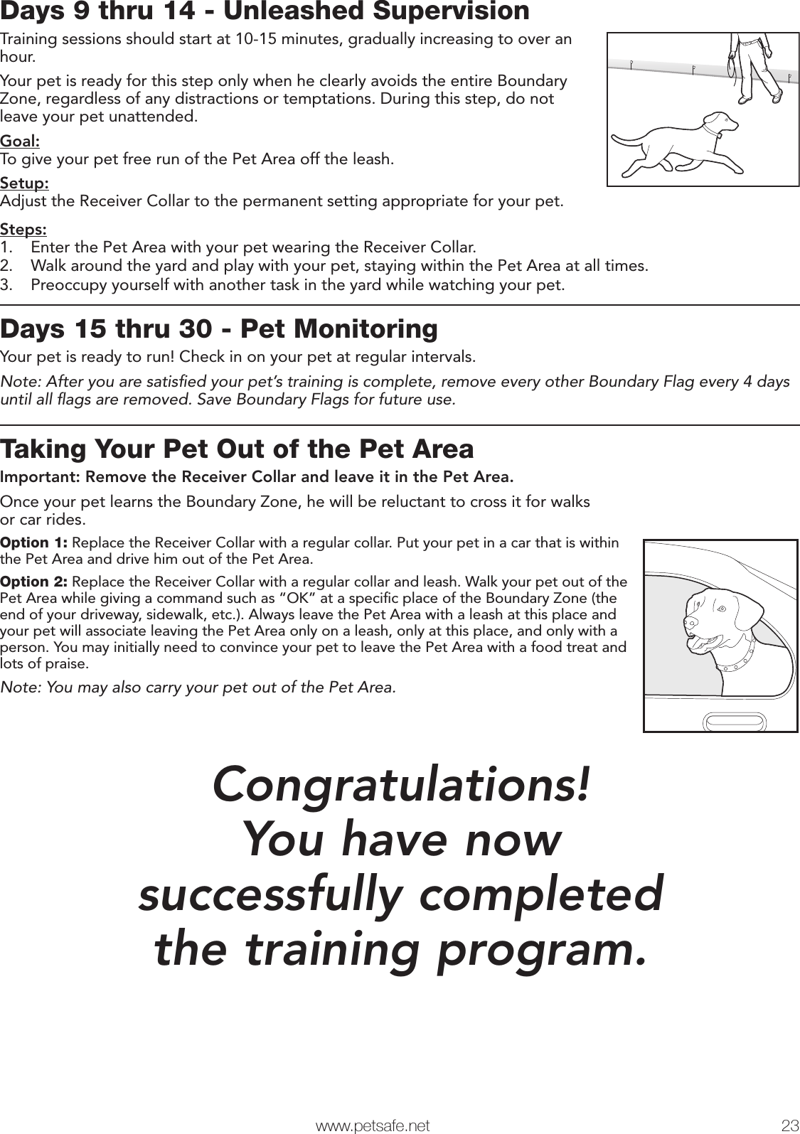   www.petsafe.net 23 Days 9 thru 14 - Unleashed SupervisionTraining sessions should start at 10-15 minutes, gradually increasing to over an hour.Your pet is ready for this step only when he clearly avoids the entire Boundary Zone, regardless of any distractions or temptations. During this step, do not leave your pet unattended. Goal:To give your pet free run of the Pet Area off the leash. Setup:Adjust the Receiver Collar to the permanent setting appropriate for your pet.Steps:1.  Enter the Pet Area with your pet wearing the Receiver Collar. 2.  Walk around the yard and play with your pet, staying within the Pet Area at all times.3.  Preoccupy yourself with another task in the yard while watching your pet.Days 15 thru 30 - Pet MonitoringYour pet is ready to run! Check in on your pet at regular intervals.Note: After you are satisﬁed your pet’s training is complete, remove every other Boundary Flag every 4 days until all ﬂags are removed. Save Boundary Flags for future use.Taking Your Pet Out of the Pet AreaImportant: Remove the Receiver Collar and leave it in the Pet Area.Once your pet learns the Boundary Zone, he will be reluctant to cross it for walks or car rides. Option 1: Replace the Receiver Collar with a regular collar. Put your pet in a car that is within the Pet Area and drive him out of the Pet Area.Option 2: Replace the Receiver Collar with a regular collar and leash. Walk your pet out of the Pet Area while giving a command such as “OK” at a speciﬁc place of the Boundary Zone (the end of your driveway, sidewalk, etc.). Always leave the Pet Area with a leash at this place and your pet will associate leaving the Pet Area only on a leash, only at this place, and only with a person. You may initially need to convince your pet to leave the Pet Area with a food treat and lots of praise.Note: You may also carry your pet out of the Pet Area.Congratulations! You have now successfully completed the training program.Phase 4Phase 5