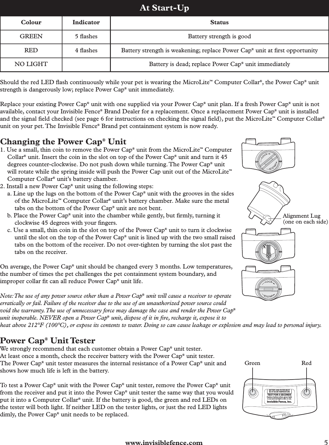  www.invisiblefence.com 5 At Start-UpColour Indicator StatusGREEN 5 ﬂ ashes Battery strength is goodRED 4 ﬂ ashes Battery strength is weakening; replace Power Cap® unit at ﬁ rst opportunityNO LIGHT Battery is dead; replace Power Cap® unit immediatelyShould the red LED ﬂ ash continuously while your pet is wearing the MicroLite™ Computer Collar®, the Power Cap® unit strength is dangerously low; replace Power Cap® unit immediately.Replace your existing Power Cap® unit with one supplied via your Power Cap® unit plan. If a fresh Power Cap® unit is not available, contact your Invisible Fence® Brand Dealer for a replacement. Once a replacement Power Cap® unit is installed and the signal ﬁ eld checked (see page 6 for instructions on checking the signal ﬁ eld), put the MicroLite™ Computer Collar® unit on your pet. The Invisible Fence® Brand pet containment system is now ready.Changing the Power Cap® Unit1. Use a small, thin coin to remove the Power Cap® unit from the MicroLite™ Computer Collar® unit. Insert the coin in the slot on top of the Power Cap® unit and turn it 45 degrees counter-clockwise. Do not push down while turning. The Power Cap® unit will rotate while the spring inside will push the Power Cap unit out of the MicroLite™ Computer Collar® unit’s battery chamber.2. Install a new Power Cap® unit using the following steps:a. Line up the lugs on the bottom of the Power Cap® unit with the grooves in the sides of the MicroLite™ Computer Collar® unit’s battery chamber. Make sure the metal tabs on the bottom of the Power Cap® unit are not bent.b. Place the Power Cap® unit into the chamber while gently, but ﬁ rmly, turning it clockwise 45 degrees with your ﬁ ngers.c. Use a small, thin coin in the slot on top of the Power Cap® unit to turn it clockwise until the slot on the top of the Power Cap® unit is lined up with the two small raised tabs on the bottom of the receiver. Do not over-tighten by turning the slot past the tabs on the receiver.On average, the Power Cap® unit should be changed every 3 months. Low temperatures, the number of times the pet challenges the pet containment system boundary, and improper collar ﬁ t can all reduce Power Cap® unit life.Note: The use of any power source other than a Power Cap® unit will cause a receiver to operate erratically or fail. Failure of the receiver due to the use of an unauthorized power source could void the warranty. The use of unnecessary force may damage the case and render the Power Cap® unit inoperable. NEVER open a Power Cap® unit, dispose of it in ﬁ re, recharge it, expose it toAlignment Lug(one on each side)heat above 212°F (100°C), or expose its contents to water. Doing so can cause leakage or explosion and may lead to personal injury.Power Cap® Unit TesterWe strongly recommend that each customer obtain a Power Cap® unit tester. At least once a month, check the receiver battery with the Power Cap® unit tester.The Power Cap® unit tester measures the internal resistance of a Power Cap® unit and shows how much life is left in the battery.To test a Power Cap® unit with the Power Cap® unit tester, remove the Power Cap® unit from the receiver and put it into the Power Cap® unit tester the same way that you would put it into a Computer Collar® unit. If the battery is good, the green and red LEDs on the tester will both light. If neither LED on the tester lights, or just the red LED lights dimly, the Power Cap® unit needs to be replaced.  BATTERY AND TESTER MUSTBE AT ROOM TEMPERATURETEST FOR 5 SECONDSReplace battery when green lightis out and red light is dim or out.Invisible Fence, Inc.Green Red