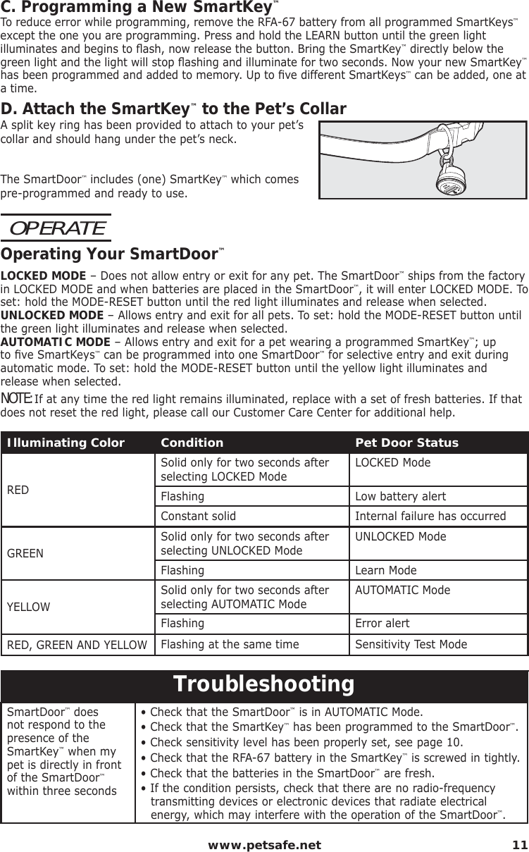  www.petsafe.net 11C. Programming a New SmartKey™To reduce error while programming, remove the RFA-67 battery from all programmed SmartKeys™ except the one you are programming. Press and hold the LEARN button until the green light illuminates and begins to ﬂ ash, now release the button. Bring the SmartKey™ directly below the green light and the light will stop ﬂ ashing and illuminate for two seconds. Now your new SmartKey™ has been programmed and added to memory. Up to ﬁ ve different SmartKeys™ can be added, one at a time.D. Attach the SmartKey™ to the Pet’s CollarA split key ring has been provided to attach to your pet’s collar and should hang under the pet’s neck. The SmartDoor™ includes (one) SmartKey™ which comes pre-programmed and ready to use. OPERATE    Operating Your SmartDoor™LOCKED MODE – Does not allow entry or exit for any pet. The SmartDoor™ ships from the factory in LOCKED MODE and when batteries are placed in the SmartDoor™, it will enter LOCKED MODE. To set: hold the MODE-RESET button until the red light illuminates and release when selected. UNLOCKED MODE – Allows entry and exit for all pets. To set: hold the MODE-RESET button until the green light illuminates and release when selected.  AUTOMATIC MODE – Allows entry and exit for a pet wearing a programmed SmartKey™; up to ﬁ ve SmartKeys™ can be programmed into one SmartDoor™ for selective entry and exit during automatic mode. To set: hold the MODE-RESET button until the yellow light illuminates and release when selected. NOTE: If at any time the red light remains illuminated, replace with a set of fresh batteries. If that does not reset the red light, please call our Customer Care Center for additional help.Illuminating Color Condition Pet Door StatusREDSolid only for two seconds after selecting LOCKED Mode LOCKED ModeFlashing Low battery alertConstant solid Internal failure has occurredGREENSolid only for two seconds after selecting UNLOCKED Mode UNLOCKED ModeFlashing Learn ModeYELLOWSolid only for two seconds after selecting AUTOMATIC Mode AUTOMATIC ModeFlashing Error alertRED, GREEN AND YELLOW Flashing at the same time Sensitivity Test ModeTroubleshootingSmartDoor™ does not respond to the presence of the SmartKey™ when my pet is directly in front of the SmartDoor™ within three seconds• Check that the SmartDoor™ is in AUTOMATIC Mode.• Check that the SmartKey™ has been programmed to the SmartDoor™. • Check sensitivity level has been properly set, see page 10. • Check that the RFA-67 battery in the SmartKey™ is screwed in tightly.• Check that the batteries in the SmartDoor™ are fresh.• If the condition persists, check that there are no radio-frequency transmitting devices or electronic devices that radiate electrical energy, which may interfere with the operation of the SmartDoor™.