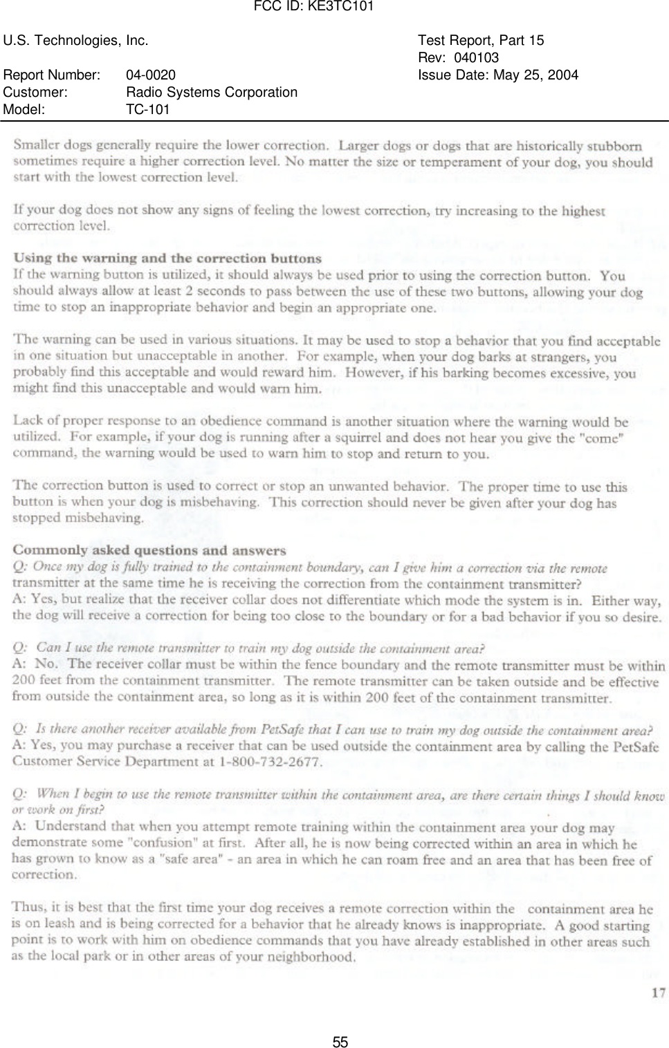 FCC ID: KE3TC101U.S. Technologies, Inc. Test Report, Part 15Rev:  040103Report Number: 04-0020 Issue Date: May 25, 2004Customer:   Radio Systems CorporationModel:   TC-10155