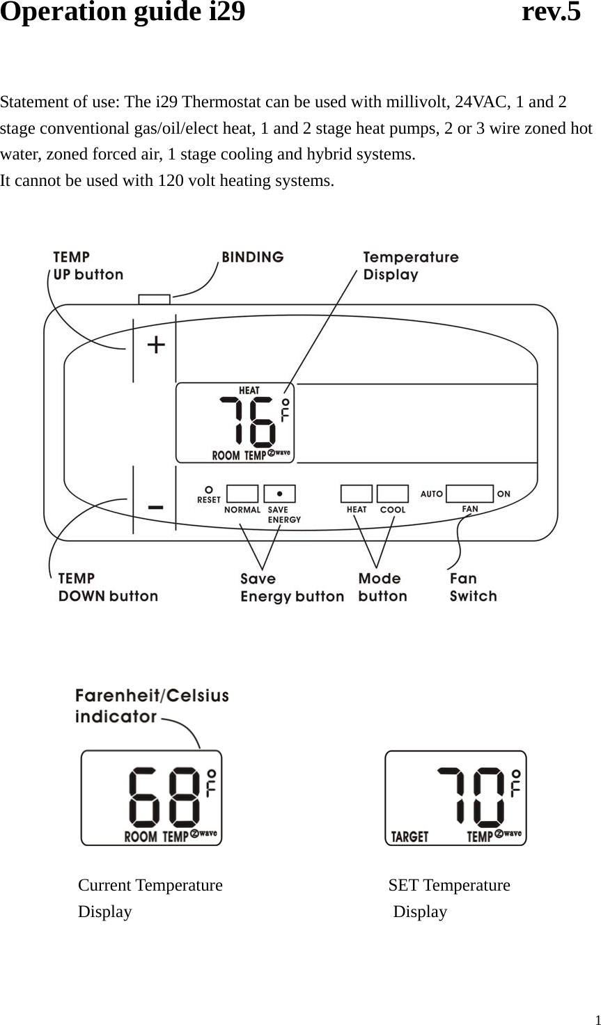 Operation guide i29                   rev.5  Statement of use: The i29 Thermostat can be used with millivolt, 24VAC, 1 and 2 stage conventional gas/oil/elect heat, 1 and 2 stage heat pumps, 2 or 3 wire zoned hot water, zoned forced air, 1 stage cooling and hybrid systems. It cannot be used with 120 volt heating systems.                           Current Temperature                   SET Temperature          Display                              Display    1