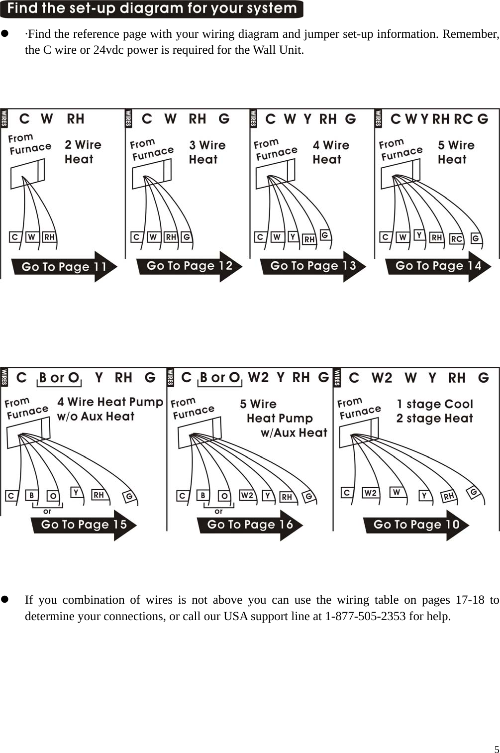   &middot;Find the reference page with your wiring diagram and jumper set-up information. Remember, the C wire or 24vdc power is required for the Wall Unit.                If you combination of wires is not above you can use the wiring table on pages 17-18 to  determine your connections, or call our USA support line at 1-877-505-2353 for help.         5