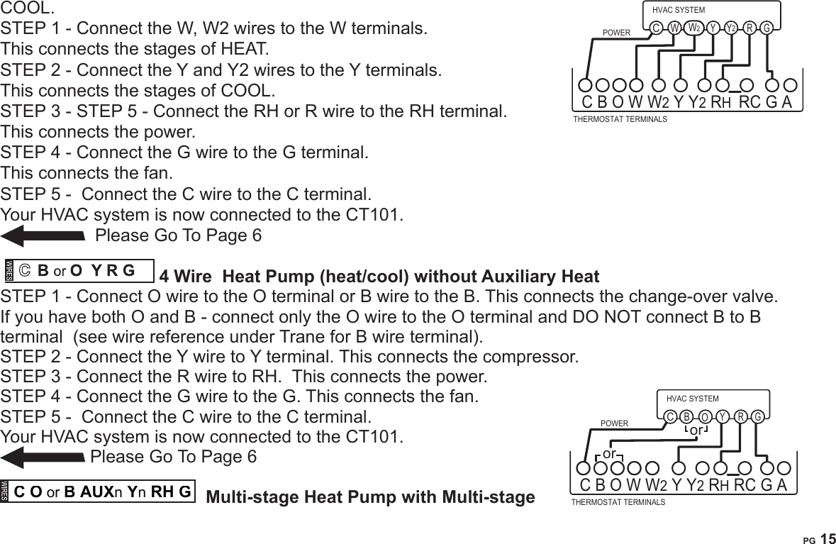 PG 14PG 15COOL. STEP 1 - Connect the W, W2 wires to the W terminals.  This connects the stages of HEAT.STEP 2 - Connect the Y and Y2 wires to the Y terminals.  This connects the stages of COOL.STEP 3 - STEP 5 - Connect the RH or R wire to the RH terminal.  This connects the power.STEP 4 - Connect the G wire to the G terminal.  This connects the fan.STEP 5 -  Connect the C wire to the C terminal.Your HVAC system is now connected to the CT101.   Please Go To Page 6         4 Wire  Heat Pump (heat/cool) without Auxiliary Heat STEP 1 - Connect O wire to the O terminal or B wire to the B. This connects the change-over valve. If you have both O and B - connect only the O wire to the O terminal and  DO NOT connect B to B terminal  (see wire reference under Trane for B wire terminal).STEP 2 - Connect the Y wire to Y terminal. This connects the compressor.STEP 3 - Connect the R wire to RH.  This connects the power.STEP 4 - Connect the G wire to the G. This connects the fan.STEP 5 -  Connect the C wire to the C terminal.Your HVAC system is now connected to the CT101. Please Go To Page 6     C O or B AUXnYn RH G  Multi-stage Heat Pump with Multi-stage HVAC SYSTEMTHERMOSTAT TERMINALSC B O W W2 Y Y2 RH RC G A POWERWY Y2GRCW2HVAC SYSTEMTHERMOSTAT TERMINALSC B O W W2 Y Y2 RH RC G APOWERBOYGRCoror