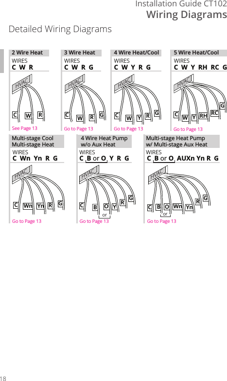 Wiring DiagramsInstallation Guide CT10218RYGCBORGCBOYnWnYnWn RGCCWRHVACCWRGWRGCYGCRHWYRCHVACHVACHVACHVACHVACHVACC  W  RC  W  R  GC  W  Y  R  G C  W  Y  RH  RC  GWIRESWIRES WIRESMulti-stage Heat Pumpw/ Multi-stage Aux HeatC  Wn  Yn  R  GWIRESMulti-stage CoolMulti-stage Heat2 Wire Heat 3 Wire Heat 4 Wire Heat/Cool 5 Wire Heat/CoolC  B or O  Y  R  G C  B or O  AUXn Yn R  GWIRES WIRES WIRESSee Page 13 Go to Page 13 Go to Page 13 Go to Page 13Go to Page 13 Go to Page 13 Go to Page 13oror4 Wire Heat Pumpw/o Aux HeatDetailed Wiring Diagrams