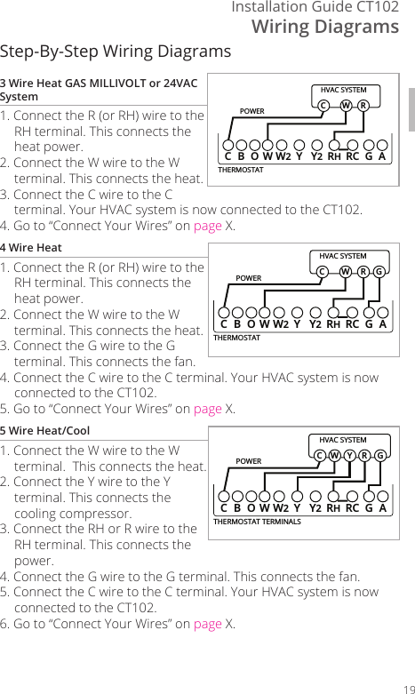 Wiring DiagramsInstallation Guide CT10219Step-By-Step Wiring Diagrams3 Wire Heat GAS MILLIVOLT or 24VAC System 1. Connect the R (or RH) wire to the RH terminal. This connects the heat power.2. Connect the W wire to the W terminal. This connects the heat.3. Connect the C wire to the C terminal. Your HVAC system is now connected to the CT102.4. Go to &ldquo;Connect Your Wires&rdquo; on page X.4 Wire Heat1. Connect the R (or RH) wire to the RH terminal. This connects the heat power. 2. Connect the W wire to the W terminal. This connects the heat.3. Connect the G wire to the G terminal. This connects the fan.4. Connect the C wire to the C terminal. Your HVAC system is now connected to the CT102.5. Go to &ldquo;Connect Your Wires&rdquo; on page X.5 Wire Heat/Cool1. Connect the W wire to the W terminal.  This connects the heat.2. Connect the Y wire to the Y terminal. This connects the cooling compressor. 3. Connect the RH or R wire to the RH terminal. This connects the power.4. Connect the G wire to the G terminal. This connects the fan.5. Connect the C wire to the C terminal. Your HVAC system is now connected to the CT102.6. Go to &ldquo;Connect Your Wires&rdquo; on page X.POWERHVAC SYSTEMTHERMOSTATCBOW YY2RHRC GAW2W RCPOWERHVAC SYSTEMTHERMOSTATCBOW YY2RHRC GAW2W RCGPOWERHVAC SYSTEMTHERMOSTAT TERMINALSCBOW YY2RHRC GAW2W RCGY