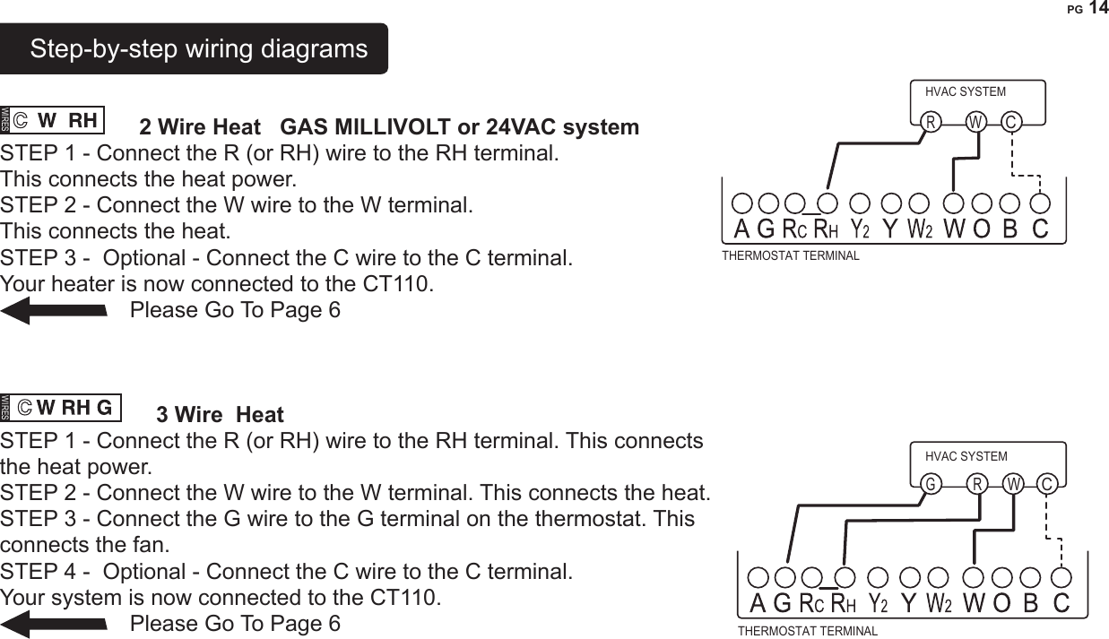 PG 14Step-by-step wiring diagrams   WIRES  2 Wire Heat   GAS MILLIVOLT or 24VAC system STEP 1 - Connect the R (or RH) wire to the RH terminal.   This connects the heat power.STEP 2 - Connect the W wire to the W terminal.  This connects the heat.                STEP 3 -  Optional - Connect the C wire to the C terminal.Your heater is now connected to the CT110.  Please Go To Page 6  WIRES  3 Wire  Heat  STEP 1 - Connect the R (or RH) wire to the RH terminal. This connects the heat power.STEP 2 - Connect the W wire to the W terminal. This connects the heat.STEP 3 - Connect the G wire to the G terminal on the thermostat. This connects the fan.STEP 4 -  Optional - Connect the C wire to the C terminal. Your system is now connected to the CT110.Please Go To Page 6HVAC SYSTEMWCRTHERMOSTAT TERMINALHVAC SYSTEMRCWGTHERMOSTAT TERMINAL