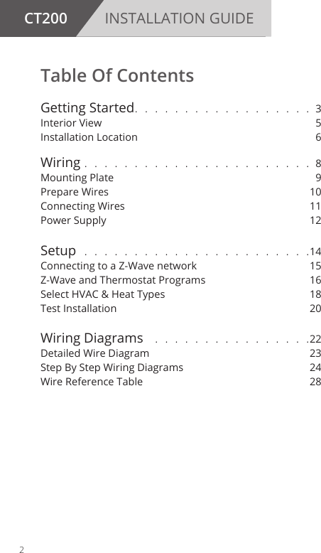 CT200 INSTALLATION GUIDETable Of Contents Getting Started. . . . . . . . . . . . . . . . . . 3Interior View 5Installation Location 6Wiring . . . . . . . . . . . . . . . . . . . . . . . 8Mounting Plate  9Prepare Wires  10Connecting Wires  11Power Supply  12Setup . . . . . . . . . . . . . . . . . . . . . . .14Connecting to a Z-Wave network  15Z-Wave and Thermostat Programs  16Select HVAC &amp; Heat Types  18Test Installation  20Wiring Diagrams  . . . . . . . . . . . . . . . .22Detailed Wire Diagram   23Step By Step Wiring Diagrams  24Wire Reference Table  282