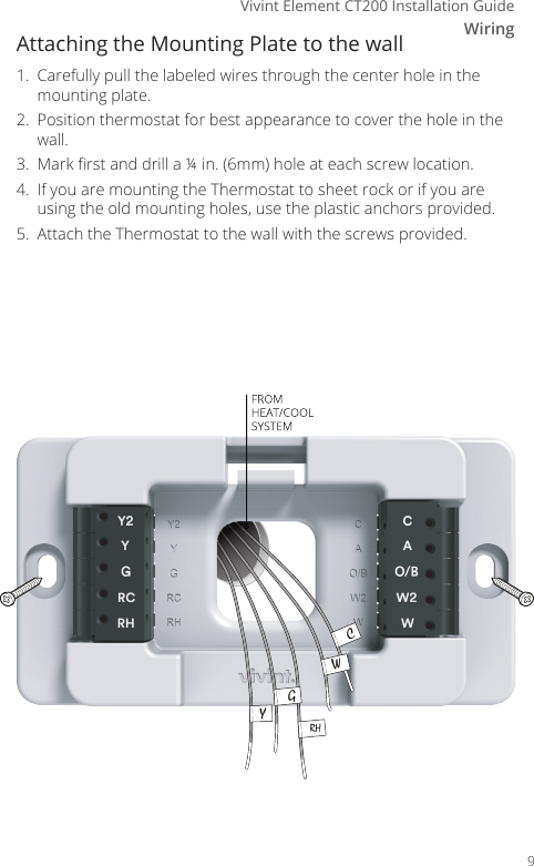 WiringVivint Element CT200 Installation GuideCWRHGYAttaching the Mounting Plate to the wall1.  Carefully pull the labeled wires through the center hole in the mounting plate.2.  Position thermostat for best appearance to cover the hole in the wall.3.  Mark rst and drill a &frac14; in. (6mm) hole at each screw location.4.  If you are mounting the Thermostat to sheet rock or if you are using the old mounting holes, use the plastic anchors provided.5.  Attach the Thermostat to the wall with the screws provided.9