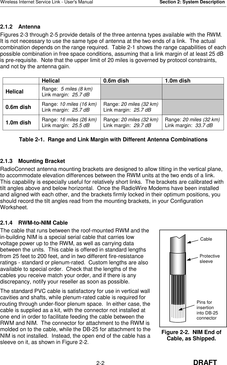 Wireless Internet Service Link - User&apos;s Manual Section 2: System Description2-2 DRAFT2.1.2 AntennaFigures 2-3 through 2-5 provide details of the three antenna types available with the RWM.It is not necessary to use the same type of antenna at the two ends of a link.  The actualcombination depends on the range required.  Table 2-1 shows the range capabilities of eachpossible combination in free space conditions, assuming that a link margin of at least 25 dBis pre-requisite.  Note that the upper limit of 20 miles is governed by protocol constraints,and not by the antenna gain.Helical 0.6m dish 1.0m dishHelical Range:  5 miles (8 km)Link margin:  25.7 dB0.6m dish Range: 10 miles (16 km)Link margin:  25.7 dB Range: 20 miles (32 km)Link margin:  25.7 dB1.0m dish Range: 16 miles (26 km)Link margin:  25.5 dB Range: 20 miles (32 km)Link margin:  29.7 dB Range: 20 miles (32 km)Link margin:  33.7 dBTable 2-1.  Range and Link Margin with Different Antenna Combinations2.1.3 Mounting BracketRadioConnect antenna mounting brackets are designed to allow tilting in the vertical plane,to accommodate elevation differences between the RWM units at the two ends of a link.This capability is especially useful for relatively short links.  The brackets are calibrated withtilt angles above and below horizontal.  Once the RadioWire Modems have been installedand aligned with each other, and the brackets firmly locked in their optimum positions, youshould record the tilt angles read from the mounting brackets, in your ConfigurationWorksheet.2.1.4 RWM-to-NIM CableThe cable that runs between the roof-mounted RWM and thein-building NIM is a special serial cable that carries lowvoltage power up to the RWM, as well as carrying databetween the units.  This cable is offered in standard lengthsfrom 25 feet to 200 feet, and in two different fire-resistanceratings - standard or plenum-rated.  Custom lengths are alsoavailable to special order.  Check that the lengths of thecables you receive match your order, and if there is anydiscrepancy, notify your reseller as soon as possible.The standard PVC cable is satisfactory for use in vertical wallcavities and shafts, while plenum-rated cable is required forrouting through under-floor plenum space.  In either case, thecable is supplied as a kit, with the connector not installed atone end in order to facilitate feeding the cable between theRWM and NIM.  The connector for attachment to the RWM ismolded on to the cable, while the DB-25 for attachment to theNIM is not installed.  Instead, the open end of the cable has asleeve on it, as shown in Figure 2-2.CablePins forinsertioninto DB-25connectorProtectivesleeveFigure 2-2.  NIM End ofCable, as Shipped.