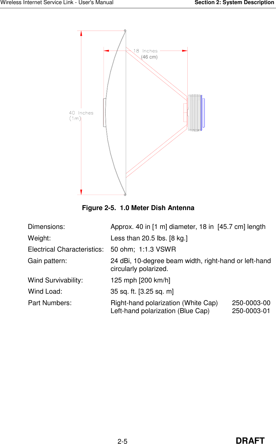 Wireless Internet Service Link - User&apos;s Manual Section 2: System Description2-5 DRAFTFigure 2-5.  1.0 Meter Dish AntennaDimensions: Approx. 40 in [1 m] diameter, 18 in  [45.7 cm] lengthWeight: Less than 20.5 lbs. [8 kg.]Electrical Characteristics: 50 ohm;  1:1.3 VSWRGain pattern: 24 dBi, 10-degree beam width, right-hand or left-handcircularly polarized.Wind Survivability: 125 mph [200 km/h]Wind Load: 35 sq. ft. [3.25 sq. m]Part Numbers:  Right-hand polarization (White Cap) 250-0003-00Left-hand polarization (Blue Cap) 250-0003-01(46 cm)