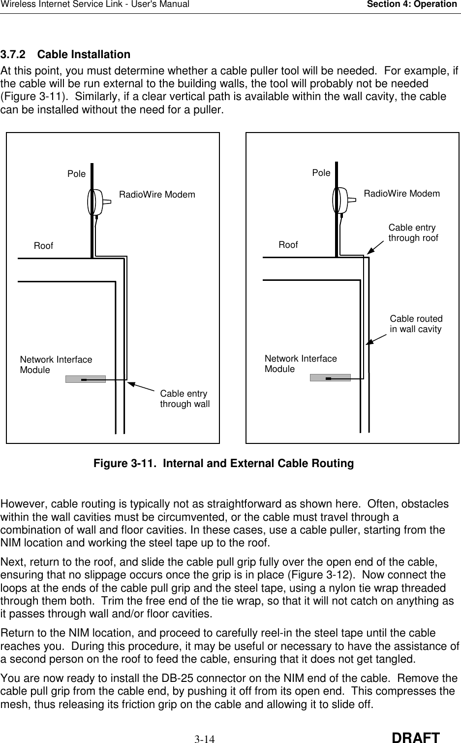 Wireless Internet Service Link - User&apos;s Manual Section 4: Operation3-14 DRAFT3.7.2 Cable InstallationAt this point, you must determine whether a cable puller tool will be needed.  For example, ifthe cable will be run external to the building walls, the tool will probably not be needed(Figure 3-11).  Similarly, if a clear vertical path is available within the wall cavity, the cablecan be installed without the need for a puller.However, cable routing is typically not as straightforward as shown here.  Often, obstacleswithin the wall cavities must be circumvented, or the cable must travel through acombination of wall and floor cavities. In these cases, use a cable puller, starting from theNIM location and working the steel tape up to the roof.Next, return to the roof, and slide the cable pull grip fully over the open end of the cable,ensuring that no slippage occurs once the grip is in place (Figure 3-12).  Now connect theloops at the ends of the cable pull grip and the steel tape, using a nylon tie wrap threadedthrough them both.  Trim the free end of the tie wrap, so that it will not catch on anything asit passes through wall and/or floor cavities.Return to the NIM location, and proceed to carefully reel-in the steel tape until the cablereaches you.  During this procedure, it may be useful or necessary to have the assistance ofa second person on the roof to feed the cable, ensuring that it does not get tangled.You are now ready to install the DB-25 connector on the NIM end of the cable.  Remove thecable pull grip from the cable end, by pushing it off from its open end.  This compresses themesh, thus releasing its friction grip on the cable and allowing it to slide off.RadioWire ModemNetwork InterfaceModuleRoofCable entrythrough wallPoleRadioWire ModemNetwork InterfaceModuleRoofCable entrythrough roofPoleCable routedin wall cavityFigure 3-11.  Internal and External Cable Routing