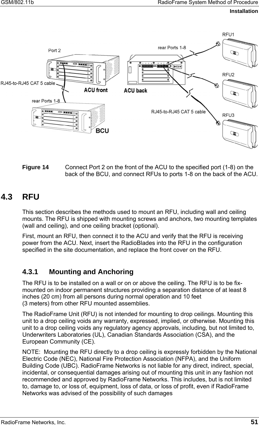 GSM/802.11b  RadioFrame System Method of Procedure Installation RadioFrame Networks, Inc.   51  Figure 14  Connect Port 2 on the front of the ACU to the specified port (1-8) on the back of the BCU, and connect RFUs to ports 1-8 on the back of the ACU. 4.3 RFU This section describes the methods used to mount an RFU, including wall and ceiling mounts. The RFU is shipped with mounting screws and anchors, two mounting templates (wall and ceiling), and one ceiling bracket (optional).  First, mount an RFU, then connect it to the ACU and verify that the RFU is receiving power from the ACU. Next, insert the RadioBlades into the RFU in the configuration specified in the site documentation, and replace the front cover on the RFU.  4.3.1 Mounting and Anchoring The RFU is to be installed on a wall or on or above the ceiling. The RFU is to be fix-mounted on indoor permanent structures providing a separation distance of at least 8 inches (20 cm) from all persons during normal operation and 10 feet  (3 meters) from other RFU mounted assemblies. The RadioFrame Unit (RFU) is not intended for mounting to drop ceilings. Mounting this unit to a drop ceiling voids any warranty, expressed, implied, or otherwise. Mounting this unit to a drop ceiling voids any regulatory agency approvals, including, but not limited to, Underwriters Laboratories (UL), Canadian Standards Association (CSA), and the European Community (CE).  NOTE:  Mounting the RFU directly to a drop ceiling is expressly forbidden by the National Electric Code (NEC), National Fire Protection Association (NFPA), and the Uniform Building Code (UBC). RadioFrame Networks is not liable for any direct, indirect, special, incidental, or consequential damages arising out of mounting this unit in any fashion not recommended and approved by RadioFrame Networks. This includes, but is not limited to, damage to, or loss of, equipment, loss of data, or loss of profit, even if RadioFrame Networks was advised of the possibility of such damages 
