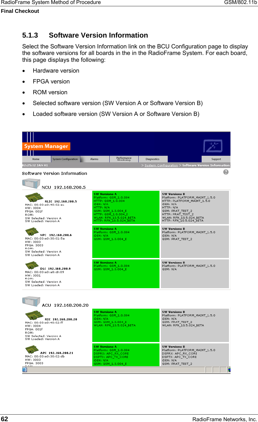 RadioFrame System Method of Procedure  GSM/802.11b Final Checkout 62  RadioFrame Networks, Inc. 5.1.3 Software Version Information Select the Software Version Information link on the BCU Configuration page to display the software versions for all boards in the in the RadioFrame System. For each board, this page displays the following: •  Hardware version •  FPGA version •  ROM version •  Selected software version (SW Version A or Software Version B) •  Loaded software version (SW Version A or Software Version B)   