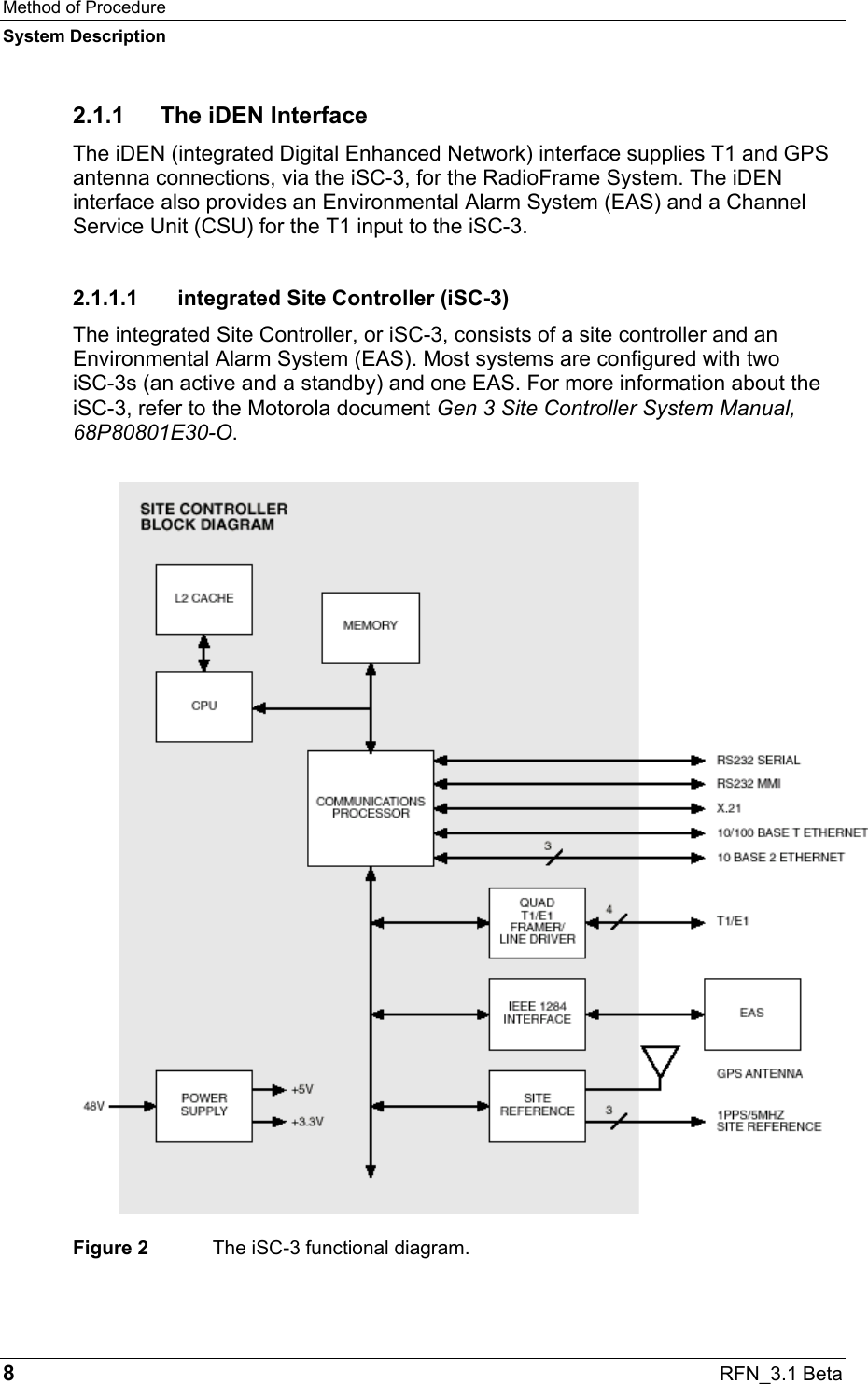 Method of Procedure System Description 8  RFN_3.1 Beta 2.1.1  The iDEN Interface The iDEN (integrated Digital Enhanced Network) interface supplies T1 and GPS antenna connections, via the iSC-3, for the RadioFrame System. The iDEN interface also provides an Environmental Alarm System (EAS) and a Channel Service Unit (CSU) for the T1 input to the iSC-3. 2.1.1.1  integrated Site Controller (iSC-3) The integrated Site Controller, or iSC-3, consists of a site controller and an Environmental Alarm System (EAS). Most systems are configured with two  iSC-3s (an active and a standby) and one EAS. For more information about the iSC-3, refer to the Motorola document Gen 3 Site Controller System Manual, 68P80801E30-O.   Figure 2  The iSC-3 functional diagram. 