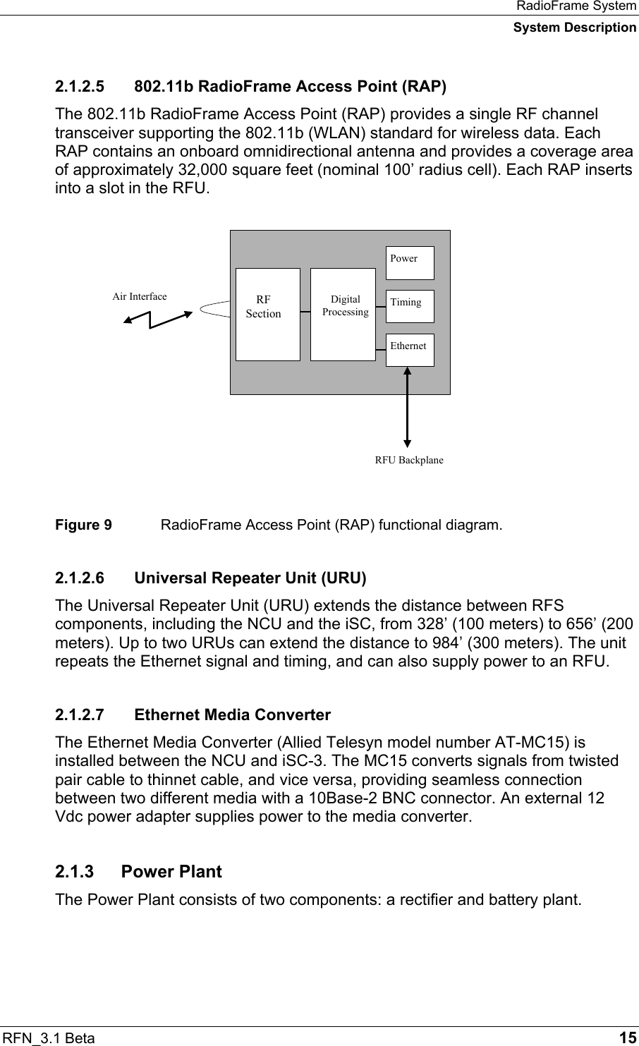 RadioFrame System System Description RFN_3.1 Beta   15 2.1.2.5  802.11b RadioFrame Access Point (RAP) The 802.11b RadioFrame Access Point (RAP) provides a single RF channel transceiver supporting the 802.11b (WLAN) standard for wireless data. Each RAP contains an onboard omnidirectional antenna and provides a coverage area of approximately 32,000 square feet (nominal 100’ radius cell). Each RAP inserts into a slot in the RFU.  Figure 9  RadioFrame Access Point (RAP) functional diagram. 2.1.2.6  Universal Repeater Unit (URU) The Universal Repeater Unit (URU) extends the distance between RFS components, including the NCU and the iSC, from 328’ (100 meters) to 656’ (200 meters). Up to two URUs can extend the distance to 984’ (300 meters). The unit repeats the Ethernet signal and timing, and can also supply power to an RFU.  2.1.2.7  Ethernet Media Converter The Ethernet Media Converter (Allied Telesyn model number AT-MC15) is installed between the NCU and iSC-3. The MC15 converts signals from twisted pair cable to thinnet cable, and vice versa, providing seamless connection between two different media with a 10Base-2 BNC connector. An external 12 Vdc power adapter supplies power to the media converter.  2.1.3 Power Plant The Power Plant consists of two components: a rectifier and battery plant. Air Interface RF SectionDigitalProcessingPowerTimingEthernetRFU Backplane