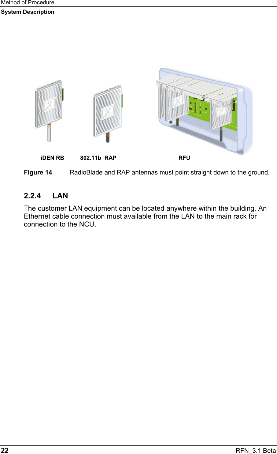Method of Procedure System Description 22  RFN_3.1 Beta           iDEN RB  802.11b  RAP  RFU Figure 14  RadioBlade and RAP antennas must point straight down to the ground.  2.2.4 LAN The customer LAN equipment can be located anywhere within the building. An Ethernet cable connection must available from the LAN to the main rack for connection to the NCU.   