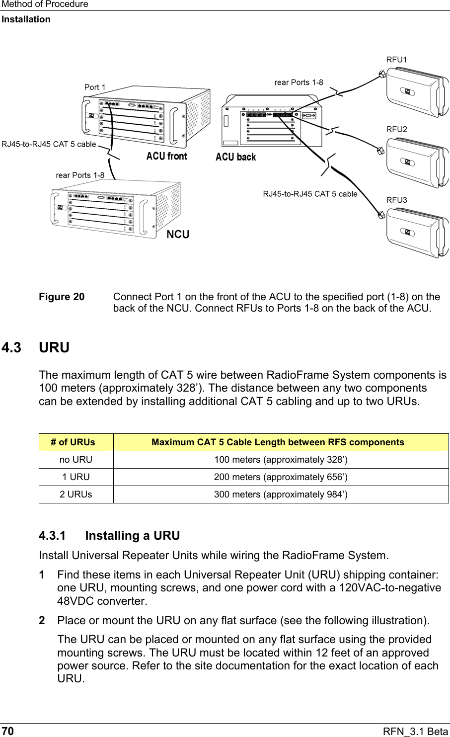 Method of Procedure Installation 70  RFN_3.1 Beta  Figure 20  Connect Port 1 on the front of the ACU to the specified port (1-8) on the back of the NCU. Connect RFUs to Ports 1-8 on the back of the ACU. 4.3 URU The maximum length of CAT 5 wire between RadioFrame System components is 100 meters (approximately 328’). The distance between any two components can be extended by installing additional CAT 5 cabling and up to two URUs.  # of URUs  Maximum CAT 5 Cable Length between RFS components no URU  100 meters (approximately 328’) 1 URU  200 meters (approximately 656’) 2 URUs  300 meters (approximately 984’) 4.3.1 Installing a URU Install Universal Repeater Units while wiring the RadioFrame System. 1  Find these items in each Universal Repeater Unit (URU) shipping container: one URU, mounting screws, and one power cord with a 120VAC-to-negative 48VDC converter.  2  Place or mount the URU on any flat surface (see the following illustration). The URU can be placed or mounted on any flat surface using the provided mounting screws. The URU must be located within 12 feet of an approved power source. Refer to the site documentation for the exact location of each URU. 