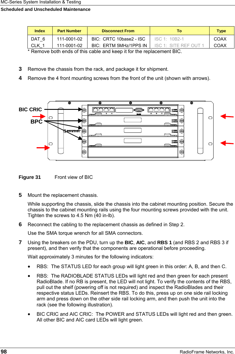 MC-Series System Installation &amp; Testing Scheduled and Unscheduled Maintenance 98  RadioFrame Networks, Inc. Index  Part Number  Disconnect From  To  Type DAT_6  111-0001-02  BIC:  CRTC 10base2 - ISC  ISC 1:  10B2-1  COAX CLK_1  111-0001-02  BIC:  ERTM 5MHz/1PPS IN  ISC 1:  SITE REF OUT 1  COAX * Remove both ends of this cable and keep it for the replacement BIC.  3  Remove the chassis from the rack, and package it for shipment. 4  Remove the 4 front mounting screws from the front of the unit (shown with arrows).   Figure 31  Front view of BIC 5  Mount the replacement chassis.  While supporting the chassis, slide the chassis into the cabinet mounting position. Secure the chassis to the cabinet mounting rails using the four mounting screws provided with the unit. Tighten the screws to 4.5 Nm (40 in-lb).  6  Reconnect the cabling to the replacement chassis as defined in Step 2.  Use the SMA torque wrench for all SMA connectors. 7  Using the breakers on the PDU, turn up the BIC, AIC, and RBS 1 (and RBS 2 and RBS 3 if present), and then verify that the components are operational before proceeding. Wait approximately 3 minutes for the following indicators: • RBS:  The STATUS LED for each group will light green in this order: A, B, and then C.  • RBS:  The RADIOBLADE STATUS LEDs will light red and then green for each present RadioBlade. If no RB is present, the LED will not light. To verify the contents of the RBS, pull out the shelf (powering off is not required) and inspect the RadioBlades and their respective status LEDs. Reinsert the RBS. To do this, press up on one side rail locking arm and press down on the other side rail locking arm, and then push the unit into the rack (see the following illustration). • BIC CRIC and AIC CRIC:  The POWER and STATUS LEDs will light red and then green. All other BIC and AIC card LEDs will light green.    BPC   BIC  CRIC   