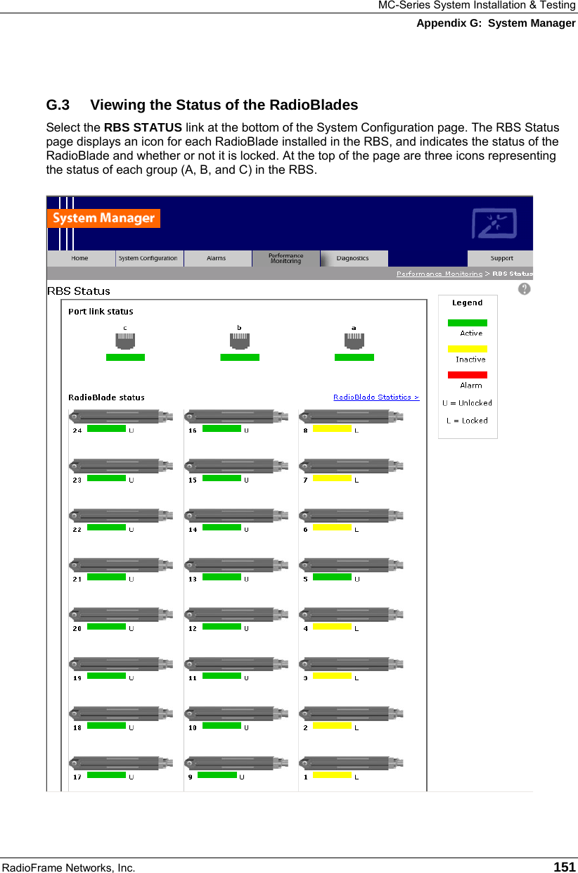 MC-Series System Installation &amp; Testing Appendix G:  System Manager RadioFrame Networks, Inc.   151  G.3  Viewing the Status of the RadioBlades Select the RBS STATUS link at the bottom of the System Configuration page. The RBS Status page displays an icon for each RadioBlade installed in the RBS, and indicates the status of the RadioBlade and whether or not it is locked. At the top of the page are three icons representing the status of each group (A, B, and C) in the RBS.  