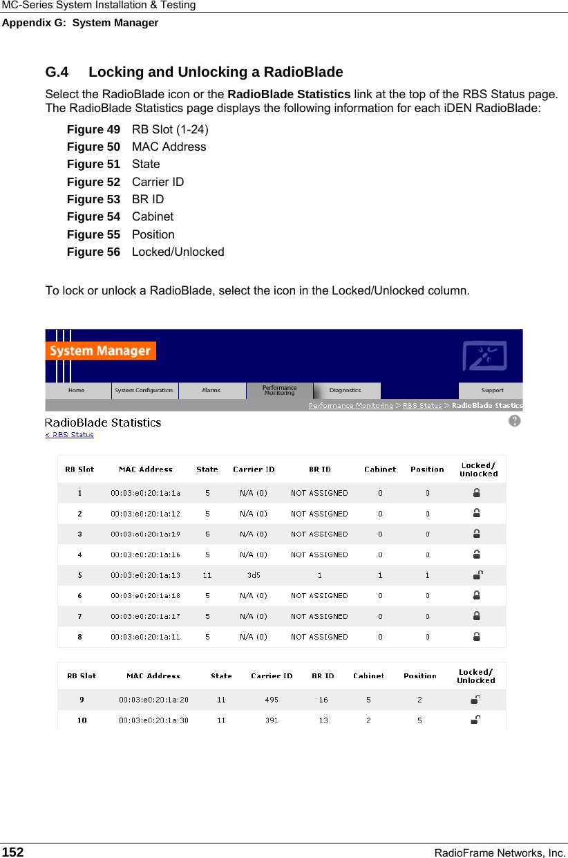MC-Series System Installation &amp; Testing Appendix G:  System Manager 152  RadioFrame Networks, Inc. G.4  Locking and Unlocking a RadioBlade Select the RadioBlade icon or the RadioBlade Statistics link at the top of the RBS Status page. The RadioBlade Statistics page displays the following information for each iDEN RadioBlade: Figure 49  RB Slot (1-24) Figure 50  MAC Address Figure 51  State Figure 52  Carrier ID Figure 53  BR ID Figure 54  Cabinet Figure 55  Position Figure 56  Locked/Unlocked  To lock or unlock a RadioBlade, select the icon in the Locked/Unlocked column.  