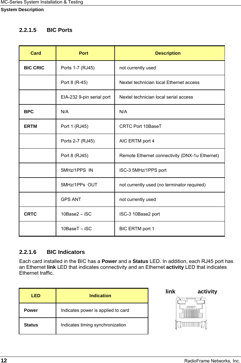MC-Series System Installation &amp; Testing System Description 12  RadioFrame Networks, Inc. 2.2.1.5 BIC Ports  Card  Port  Description BIC CRIC  Ports 1-7 (RJ45)  not currently used   Port 8 (R-45)  Nextel technician local Ethernet access   EIA-232 9-pin serial port  Nextel technician local serial access BPC  N/A N/A ERTM  Port 1 (RJ45)  CRTC Port 10BaseT   Ports 2-7 (RJ45)  AIC ERTM port 4    Port 8 (RJ45)  Remote Ethernet connectivity (DNX-1u Ethernet)   5MHz/1PPS  IN  iSC-3 5MHz/1PPS port   5MHz/1PPs  OUT  not currently used (no terminator required)   GPS ANT  not currently used CRTC  10Base2 – iSC  ISC-3 10Base2 port   10BaseT – iSC  BIC ERTM port 1 2.2.1.6 BIC Indicators Each card installed in the BIC has a Power and a Status LED. In addition, each RJ45 port has an Ethernet link LED that indicates connectivity and an Ethernet activity LED that indicates Ethernet traffic.  LED  Indication Power  Indicates power is applied to card Status  Indicates timing synchronization link activity