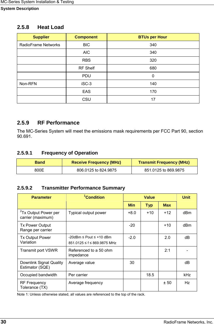 MC-Series System Installation &amp; Testing System Description 30  RadioFrame Networks, Inc. 2.5.8 Heat Load Supplier  Component  BTUs per Hour RadioFrame Networks  BIC  340  AIC 340  RBS 320  RF Shelf 680  PDU 0 Non-RFN iSC-3  140  EAS 170  CSU 17  2.5.9 RF Performance The MC-Series System will meet the emissions mask requirements per FCC Part 90, section 90.691. 2.5.9.1  Frequency of Operation  Band  Receive Frequency (MHz)  Transmit Frequency (MHz) 800E  806.0125 to 824.9875  851.0125 to 869.9875 2.5.9.2  Transmitter Performance Summary  Value Parameter  1Condition Min  Typ  Max Unit 2Tx Output Power per carrier (maximum) Typical output power   +8.0  +10  +12  dBm Tx Power Output Range per carrier  -20  +10 dBm Tx Output Power Variation -20dBm ≤ Pout ≤ +10 dBm 851.0125 ≤ f ≤ 869.9875 MHz -2.0  2.0 dB Transmit port VSWR  Referenced to a 50 ohm impedance   2:1 - Downlink Signal Quality Estimator (SQE) Average value  30      dB Occupied bandwidth   Per carrier    18.5    kHz RF Frequency Tolerance (TX) Average frequency      ± 50  Hz Note 1: Unless otherwise stated, all values are referenced to the top of the rack. 