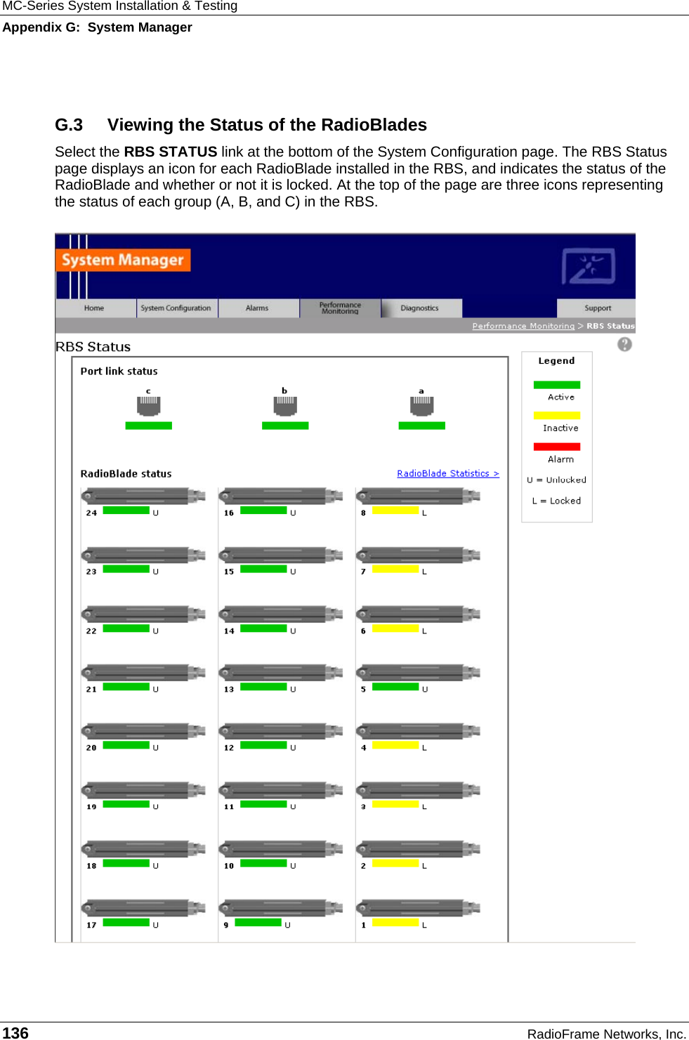 MC-Series System Installation &amp; Testing Appendix G:  System Manager 136  RadioFrame Networks, Inc.  G.3  Viewing the Status of the RadioBlades Select the RBS STATUS link at the bottom of the System Configuration page. The RBS Status page displays an icon for each RadioBlade installed in the RBS, and indicates the status of the RadioBlade and whether or not it is locked. At the top of the page are three icons representing the status of each group (A, B, and C) in the RBS.  