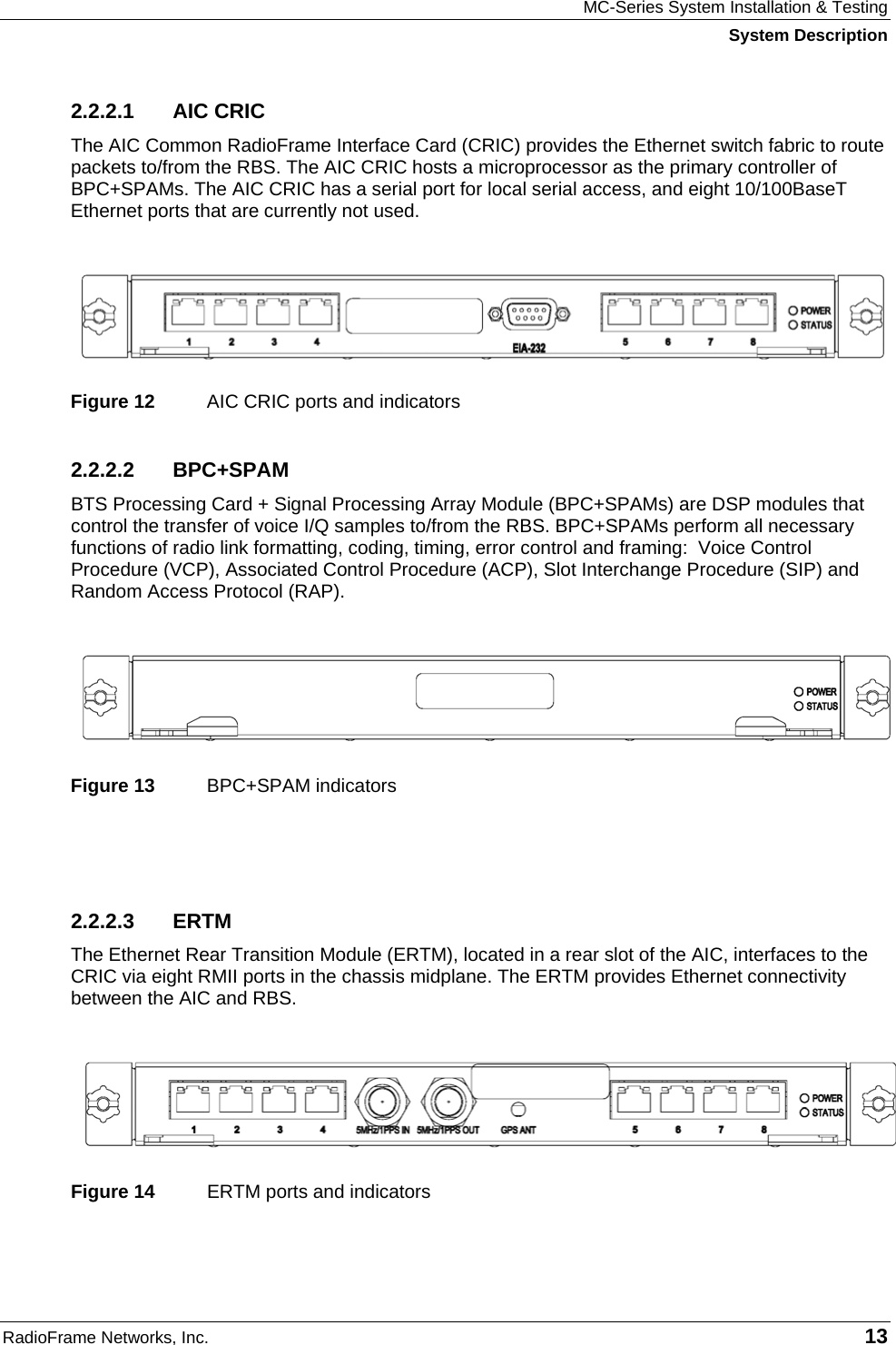 MC-Series System Installation &amp; Testing System Description RadioFrame Networks, Inc.   13 2.2.2.1 AIC CRIC The AIC Common RadioFrame Interface Card (CRIC) provides the Ethernet switch fabric to route packets to/from the RBS. The AIC CRIC hosts a microprocessor as the primary controller of BPC+SPAMs. The AIC CRIC has a serial port for local serial access, and eight 10/100BaseT Ethernet ports that are currently not used.    Figure 12  AIC CRIC ports and indicators 2.2.2.2 BPC+SPAM BTS Processing Card + Signal Processing Array Module (BPC+SPAMs) are DSP modules that control the transfer of voice I/Q samples to/from the RBS. BPC+SPAMs perform all necessary functions of radio link formatting, coding, timing, error control and framing:  Voice Control Procedure (VCP), Associated Control Procedure (ACP), Slot Interchange Procedure (SIP) and Random Access Protocol (RAP).    Figure 13  BPC+SPAM indicators  2.2.2.3 ERTM The Ethernet Rear Transition Module (ERTM), located in a rear slot of the AIC, interfaces to the CRIC via eight RMII ports in the chassis midplane. The ERTM provides Ethernet connectivity between the AIC and RBS.    Figure 14  ERTM ports and indicators 