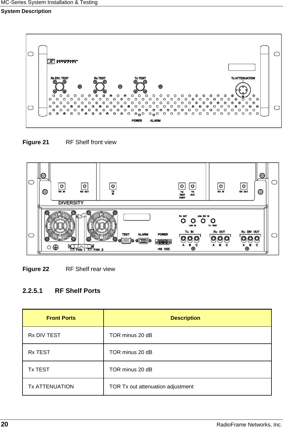 MC-Series System Installation &amp; Testing System Description 20  RadioFrame Networks, Inc.  Figure 21  RF Shelf front view  Figure 22  RF Shelf rear view 2.2.5.1  RF Shelf Ports  Front Ports  Description Rx DIV TEST  TOR minus 20 dB Rx TEST  TOR minus 20 dB Tx TEST  TOR minus 20 dB Tx ATTENUATION  TOR Tx out attenuation adjustment DIVERSITY 