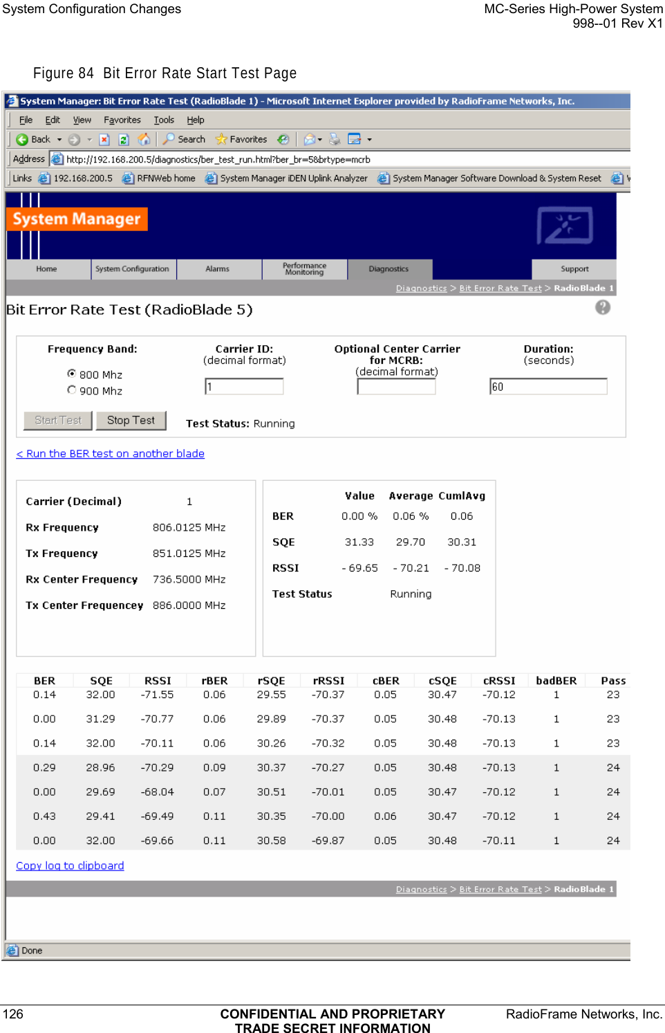 System Configuration Changes    MC-Series High-Power System   998--01 Rev X1 126  CONFIDENTIAL AND PROPRIETARY  RadioFrame Networks, Inc.  TRADE SECRET INFORMATION Figure 84  Bit Error Rate Start Test Page   