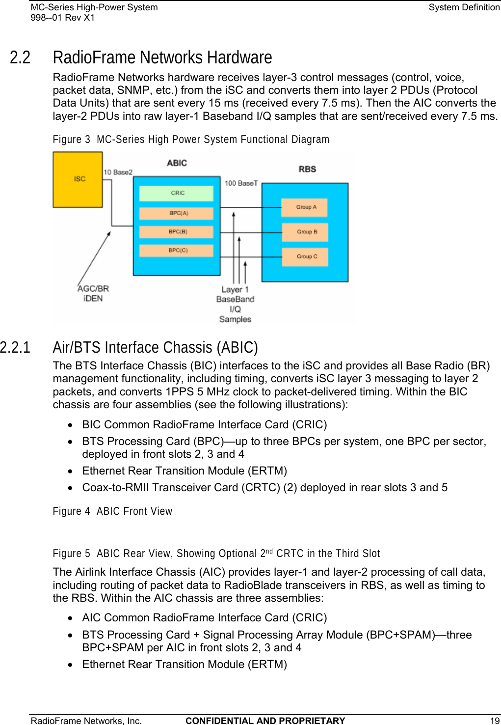 MC-Series High-Power System    System Definition 998--01 Rev X1 RadioFrame Networks, Inc.  CONFIDENTIAL AND PROPRIETARY 19   2.2 RadioFrame Networks Hardware RadioFrame Networks hardware receives layer-3 control messages (control, voice, packet data, SNMP, etc.) from the iSC and converts them into layer 2 PDUs (Protocol Data Units) that are sent every 15 ms (received every 7.5 ms). Then the AIC converts the layer-2 PDUs into raw layer-1 Baseband I/Q samples that are sent/received every 7.5 ms. Figure 3  MC-Series High Power System Functional Diagram  2.2.1 Air/BTS Interface Chassis (ABIC) The BTS Interface Chassis (BIC) interfaces to the iSC and provides all Base Radio (BR) management functionality, including timing, converts iSC layer 3 messaging to layer 2 packets, and converts 1PPS 5 MHz clock to packet-delivered timing. Within the BIC chassis are four assemblies (see the following illustrations): •  BIC Common RadioFrame Interface Card (CRIC) •  BTS Processing Card (BPC)—up to three BPCs per system, one BPC per sector, deployed in front slots 2, 3 and 4 •  Ethernet Rear Transition Module (ERTM) •  Coax-to-RMII Transceiver Card (CRTC) (2) deployed in rear slots 3 and 5 Figure 4  ABIC Front View  Figure 5  ABIC Rear View, Showing Optional 2nd CRTC in the Third Slot The Airlink Interface Chassis (AIC) provides layer-1 and layer-2 processing of call data, including routing of packet data to RadioBlade transceivers in RBS, as well as timing to the RBS. Within the AIC chassis are three assemblies:   •  AIC Common RadioFrame Interface Card (CRIC) •  BTS Processing Card + Signal Processing Array Module (BPC+SPAM)—three BPC+SPAM per AIC in front slots 2, 3 and 4 •  Ethernet Rear Transition Module (ERTM)  