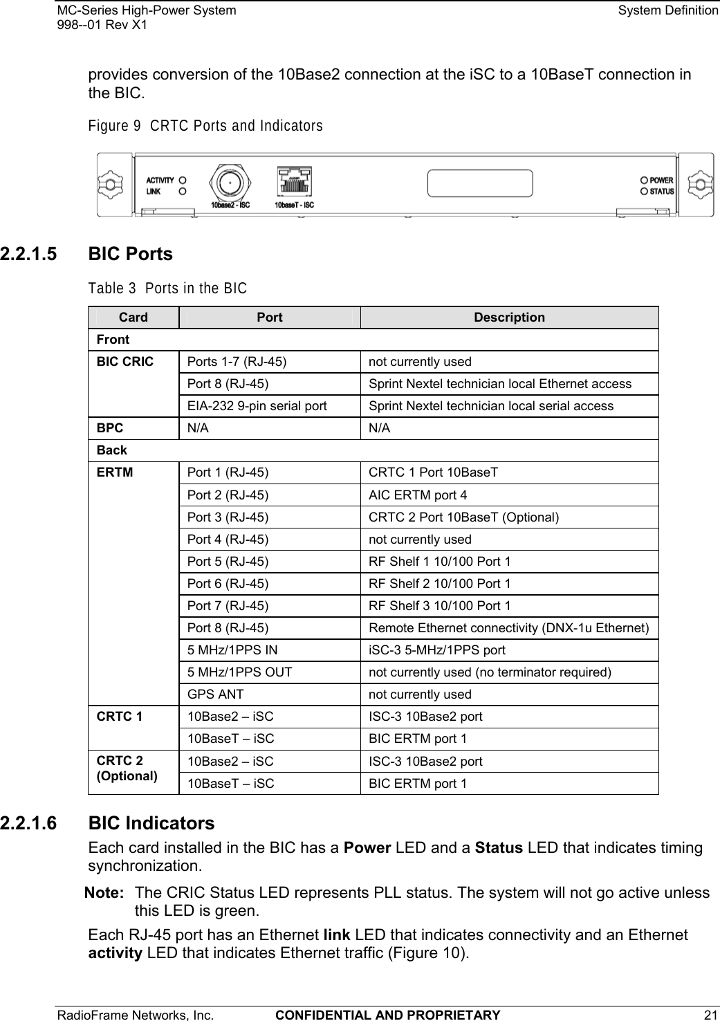 MC-Series High-Power System    System Definition 998--01 Rev X1 RadioFrame Networks, Inc.  CONFIDENTIAL AND PROPRIETARY 21   provides conversion of the 10Base2 connection at the iSC to a 10BaseT connection in the BIC. Figure 9  CRTC Ports and Indicators  2.2.1.5 BIC Ports Table 3  Ports in the BIC Card  Port  Description Front Ports 1-7 (RJ-45)  not currently used Port 8 (RJ-45)  Sprint Nextel technician local Ethernet access BIC CRIC EIA-232 9-pin serial port  Sprint Nextel technician local serial access BPC  N/A N/A Back Port 1 (RJ-45)  CRTC 1 Port 10BaseT Port 2 (RJ-45)  AIC ERTM port 4  Port 3 (RJ-45)  CRTC 2 Port 10BaseT (Optional) Port 4 (RJ-45)  not currently used Port 5 (RJ-45)  RF Shelf 1 10/100 Port 1 Port 6 (RJ-45)  RF Shelf 2 10/100 Port 1 Port 7 (RJ-45)  RF Shelf 3 10/100 Port 1 Port 8 (RJ-45)  Remote Ethernet connectivity (DNX-1u Ethernet) 5 MHz/1PPS IN  iSC-3 5-MHz/1PPS port 5 MHz/1PPS OUT  not currently used (no terminator required) ERTM GPS ANT  not currently used 10Base2 – iSC  ISC-3 10Base2 port CRTC 1 10BaseT – iSC  BIC ERTM port 1 10Base2 – iSC  ISC-3 10Base2 port CRTC 2 (Optional)  10BaseT – iSC  BIC ERTM port 1 2.2.1.6 BIC Indicators Each card installed in the BIC has a Power LED and a Status LED that indicates timing synchronization. Note:  The CRIC Status LED represents PLL status. The system will not go active unless this LED is green. Each RJ-45 port has an Ethernet link LED that indicates connectivity and an Ethernet activity LED that indicates Ethernet traffic (Figure 10). 