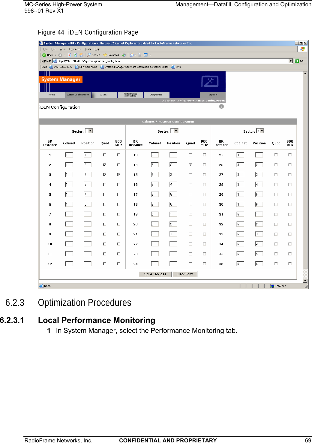 MC-Series High-Power System    Management—Datafill, Configuration and Optimization 998--01 Rev X1 RadioFrame Networks, Inc.  CONFIDENTIAL AND PROPRIETARY 69   Figure 44  iDEN Configuration Page  6.2.3 Optimization Procedures 6.2.3.1  Local Performance Monitoring 1  In System Manager, select the Performance Monitoring tab. 