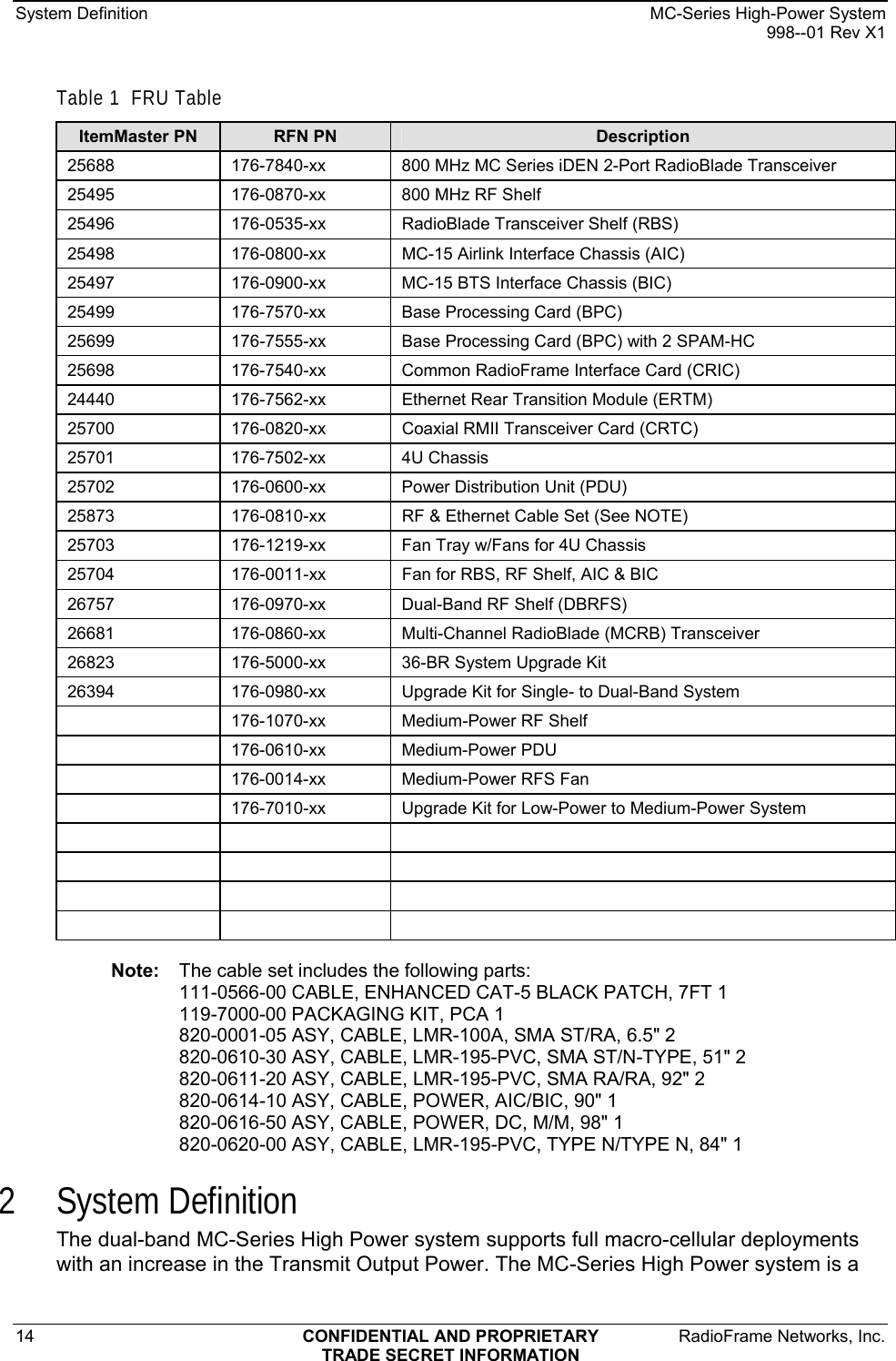 System Definition    MC-Series High-Power System   998--01 Rev X1 14  CONFIDENTIAL AND PROPRIETARY  RadioFrame Networks, Inc.  TRADE SECRET INFORMATION Table 1  FRU Table ItemMaster PN  RFN PN  Description 25688  176-7840-xx  800 MHz MC Series iDEN 2-Port RadioBlade Transceiver 25495  176-0870-xx  800 MHz RF Shelf 25496  176-0535-xx  RadioBlade Transceiver Shelf (RBS) 25498  176-0800-xx  MC-15 Airlink Interface Chassis (AIC) 25497  176-0900-xx  MC-15 BTS Interface Chassis (BIC) 25499  176-7570-xx  Base Processing Card (BPC) 25699  176-7555-xx  Base Processing Card (BPC) with 2 SPAM-HC 25698  176-7540-xx  Common RadioFrame Interface Card (CRIC) 24440  176-7562-xx  Ethernet Rear Transition Module (ERTM) 25700  176-0820-xx  Coaxial RMII Transceiver Card (CRTC) 25701 176-7502-xx 4U Chassis 25702  176-0600-xx  Power Distribution Unit (PDU) 25873  176-0810-xx  RF &amp; Ethernet Cable Set (See NOTE) 25703  176-1219-xx  Fan Tray w/Fans for 4U Chassis 25704  176-0011-xx  Fan for RBS, RF Shelf, AIC &amp; BIC 26757  176-0970-xx  Dual-Band RF Shelf (DBRFS) 26681  176-0860-xx  Multi-Channel RadioBlade (MCRB) Transceiver 26823  176-5000-xx  36-BR System Upgrade Kit 26394  176-0980-xx  Upgrade Kit for Single- to Dual-Band System   176-1070-xx  Medium-Power RF Shelf  176-0610-xx Medium-Power PDU   176-0014-xx  Medium-Power RFS Fan   176-7010-xx  Upgrade Kit for Low-Power to Medium-Power System                 Note:  The cable set includes the following parts:  111-0566-00 CABLE, ENHANCED CAT-5 BLACK PATCH, 7FT 1 119-7000-00 PACKAGING KIT, PCA 1   820-0001-05 ASY, CABLE, LMR-100A, SMA ST/RA, 6.5&quot; 2   820-0610-30 ASY, CABLE, LMR-195-PVC, SMA ST/N-TYPE, 51&quot; 2   820-0611-20 ASY, CABLE, LMR-195-PVC, SMA RA/RA, 92&quot; 2   820-0614-10 ASY, CABLE, POWER, AIC/BIC, 90&quot; 1   820-0616-50 ASY, CABLE, POWER, DC, M/M, 98&quot; 1 820-0620-00 ASY, CABLE, LMR-195-PVC, TYPE N/TYPE N, 84&quot; 1 2 System Definition The dual-band MC-Series High Power system supports full macro-cellular deployments with an increase in the Transmit Output Power. The MC-Series High Power system is a 