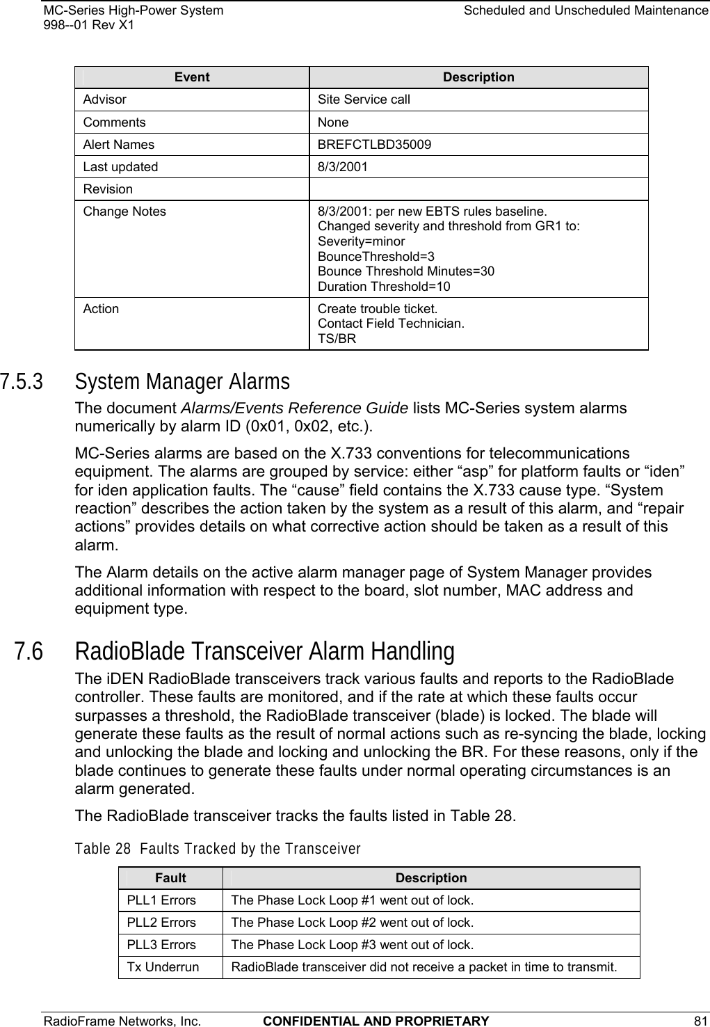 MC-Series High-Power System    Scheduled and Unscheduled Maintenance 998--01 Rev X1 RadioFrame Networks, Inc.  CONFIDENTIAL AND PROPRIETARY 81   Event  Description Advisor  Site Service call Comments None Alert Names  BREFCTLBD35009 Last updated  8/3/2001 Revision  Change Notes  8/3/2001: per new EBTS rules baseline.  Changed severity and threshold from GR1 to: Severity=minor BounceThreshold=3 Bounce Threshold Minutes=30 Duration Threshold=10 Action Create trouble ticket. Contact Field Technician. TS/BR 7.5.3 System Manager Alarms The document Alarms/Events Reference Guide lists MC-Series system alarms numerically by alarm ID (0x01, 0x02, etc.).  MC-Series alarms are based on the X.733 conventions for telecommunications equipment. The alarms are grouped by service: either “asp” for platform faults or “iden” for iden application faults. The “cause” field contains the X.733 cause type. “System reaction” describes the action taken by the system as a result of this alarm, and “repair actions” provides details on what corrective action should be taken as a result of this alarm. The Alarm details on the active alarm manager page of System Manager provides additional information with respect to the board, slot number, MAC address and equipment type. 7.6 RadioBlade Transceiver Alarm Handling The iDEN RadioBlade transceivers track various faults and reports to the RadioBlade controller. These faults are monitored, and if the rate at which these faults occur surpasses a threshold, the RadioBlade transceiver (blade) is locked. The blade will generate these faults as the result of normal actions such as re-syncing the blade, locking and unlocking the blade and locking and unlocking the BR. For these reasons, only if the blade continues to generate these faults under normal operating circumstances is an alarm generated. The RadioBlade transceiver tracks the faults listed in Table 28. Table 28  Faults Tracked by the Transceiver Fault  Description PLL1 Errors   The Phase Lock Loop #1 went out of lock. PLL2 Errors   The Phase Lock Loop #2 went out of lock. PLL3 Errors   The Phase Lock Loop #3 went out of lock. Tx Underrun   RadioBlade transceiver did not receive a packet in time to transmit. 