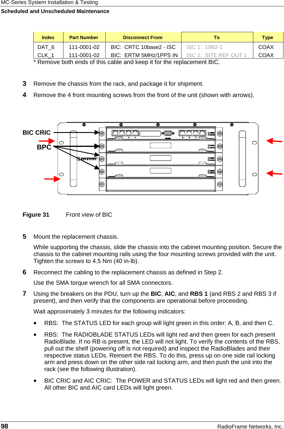 MC-Series System Installation &amp; Testing Scheduled and Unscheduled Maintenance 98  RadioFrame Networks, Inc. Index  Part Number  Disconnect From  To  Type DAT_6  111-0001-02  BIC:  CRTC 10base2 - ISC  ISC 1:  10B2-1  COAX CLK_1  111-0001-02  BIC:  ERTM 5MHz/1PPS IN  ISC 1:  SITE REF OUT 1  COAX * Remove both ends of this cable and keep it for the replacement BIC.  3  Remove the chassis from the rack, and package it for shipment. 4  Remove the 4 front mounting screws from the front of the unit (shown with arrows).   Figure 31  Front view of BIC 5  Mount the replacement chassis.  While supporting the chassis, slide the chassis into the cabinet mounting position. Secure the chassis to the cabinet mounting rails using the four mounting screws provided with the unit. Tighten the screws to 4.5 Nm (40 in-lb).  6  Reconnect the cabling to the replacement chassis as defined in Step 2.  Use the SMA torque wrench for all SMA connectors. 7  Using the breakers on the PDU, turn up the BIC, AIC, and RBS 1 (and RBS 2 and RBS 3 if present), and then verify that the components are operational before proceeding. Wait approximately 3 minutes for the following indicators: • RBS:  The STATUS LED for each group will light green in this order: A, B, and then C.  • RBS:  The RADIOBLADE STATUS LEDs will light red and then green for each present RadioBlade. If no RB is present, the LED will not light. To verify the contents of the RBS, pull out the shelf (powering off is not required) and inspect the RadioBlades and their respective status LEDs. Reinsert the RBS. To do this, press up on one side rail locking arm and press down on the other side rail locking arm, and then push the unit into the rack (see the following illustration). • BIC CRIC and AIC CRIC:  The POWER and STATUS LEDs will light red and then green. All other BIC and AIC card LEDs will light green.    BPC   BIC  CRIC   