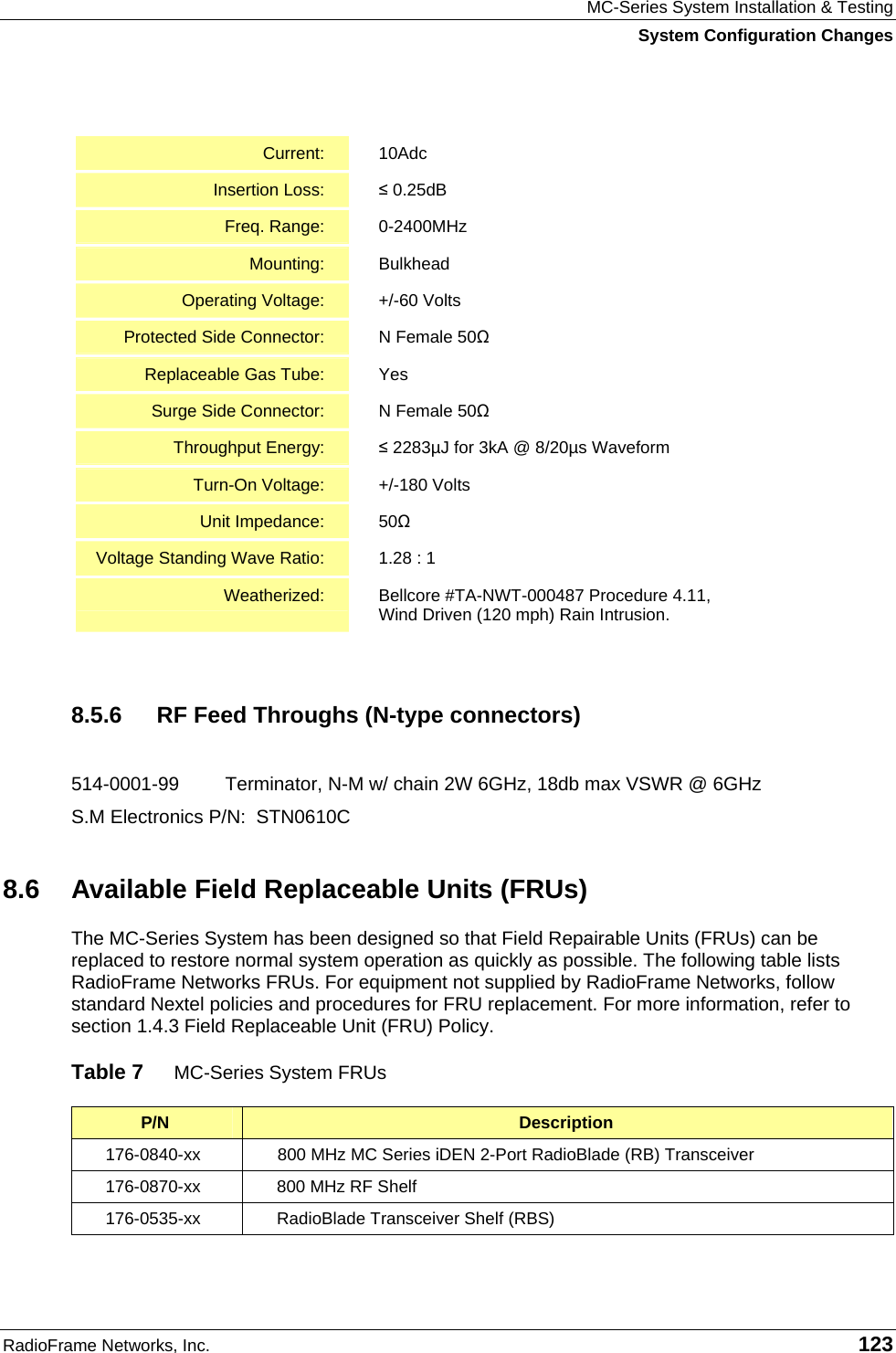 MC-Series System Installation &amp; Testing System Configuration Changes RadioFrame Networks, Inc.   123  Current: 10Adc Insertion Loss:  ≤ 0.25dB Freq. Range:  0-2400MHz Mounting: Bulkhead Operating Voltage:  +/-60 Volts Protected Side Connector:  N Female 50Ω Replaceable Gas Tube:  Yes Surge Side Connector:  N Female 50Ω Throughput Energy:  ≤ 2283µJ for 3kA @ 8/20µs Waveform Turn-On Voltage:  +/-180 Volts Unit Impedance:  50Ω Voltage Standing Wave Ratio:  1.28 : 1 Weatherized: Bellcore #TA-NWT-000487 Procedure 4.11,  Wind Driven (120 mph) Rain Intrusion.  8.5.6  RF Feed Throughs (N-type connectors)  514-0001-99  Terminator, N-M w/ chain 2W 6GHz, 18db max VSWR @ 6GHz S.M Electronics P/N:  STN0610C 8.6  Available Field Replaceable Units (FRUs) The MC-Series System has been designed so that Field Repairable Units (FRUs) can be replaced to restore normal system operation as quickly as possible. The following table lists RadioFrame Networks FRUs. For equipment not supplied by RadioFrame Networks, follow standard Nextel policies and procedures for FRU replacement. For more information, refer to section 1.4.3 Field Replaceable Unit (FRU) Policy. Table 7  MC-Series System FRUs P/N  Description 176-0840-xx  800 MHz MC Series iDEN 2-Port RadioBlade (RB) Transceiver 176-0870-xx  800 MHz RF Shelf 176-0535-xx  RadioBlade Transceiver Shelf (RBS) 