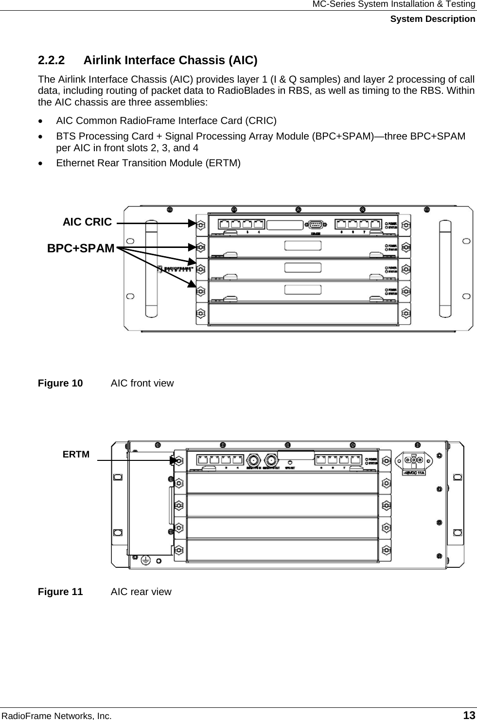 MC-Series System Installation &amp; Testing System Description RadioFrame Networks, Inc.   13 2.2.2 Airlink Interface Chassis (AIC) The Airlink Interface Chassis (AIC) provides layer 1 (I &amp; Q samples) and layer 2 processing of call data, including routing of packet data to RadioBlades in RBS, as well as timing to the RBS. Within the AIC chassis are three assemblies:   •  AIC Common RadioFrame Interface Card (CRIC) •  BTS Processing Card + Signal Processing Array Module (BPC+SPAM)—three BPC+SPAM per AIC in front slots 2, 3, and 4 •  Ethernet Rear Transition Module (ERTM)    Figure 10  AIC front view  Figure 11  AIC rear view    ERTM   AIC CRIC BPC+SPAM 