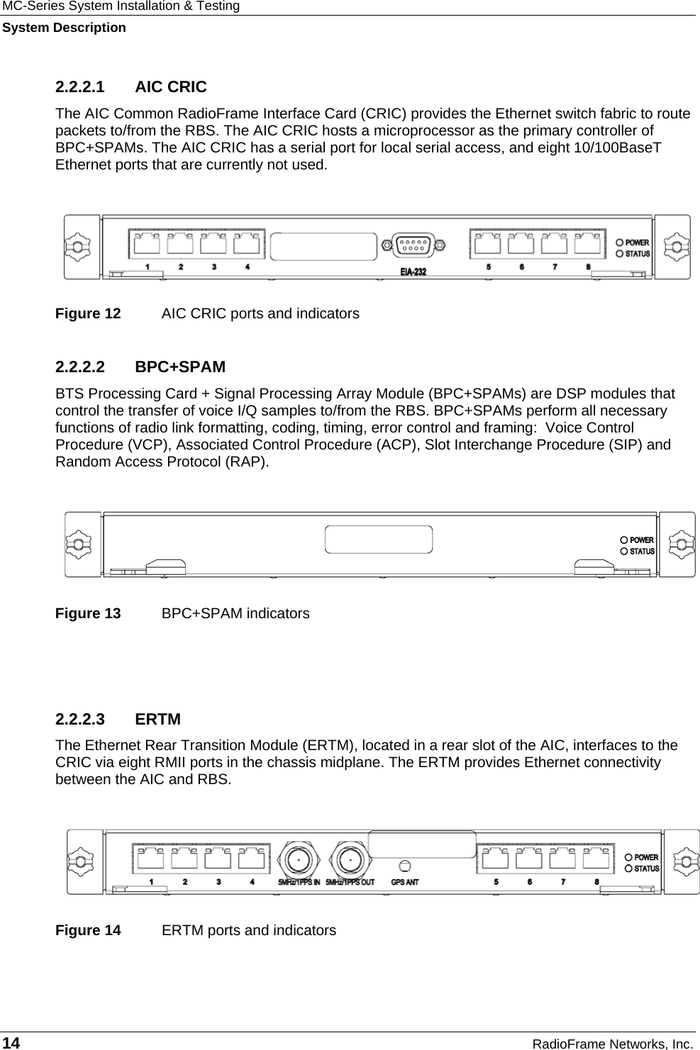 MC-Series System Installation &amp; Testing System Description 14  RadioFrame Networks, Inc. 2.2.2.1 AIC CRIC The AIC Common RadioFrame Interface Card (CRIC) provides the Ethernet switch fabric to route packets to/from the RBS. The AIC CRIC hosts a microprocessor as the primary controller of BPC+SPAMs. The AIC CRIC has a serial port for local serial access, and eight 10/100BaseT Ethernet ports that are currently not used.    Figure 12  AIC CRIC ports and indicators 2.2.2.2 BPC+SPAM BTS Processing Card + Signal Processing Array Module (BPC+SPAMs) are DSP modules that control the transfer of voice I/Q samples to/from the RBS. BPC+SPAMs perform all necessary functions of radio link formatting, coding, timing, error control and framing:  Voice Control Procedure (VCP), Associated Control Procedure (ACP), Slot Interchange Procedure (SIP) and Random Access Protocol (RAP).    Figure 13  BPC+SPAM indicators  2.2.2.3 ERTM The Ethernet Rear Transition Module (ERTM), located in a rear slot of the AIC, interfaces to the CRIC via eight RMII ports in the chassis midplane. The ERTM provides Ethernet connectivity between the AIC and RBS.    Figure 14  ERTM ports and indicators 