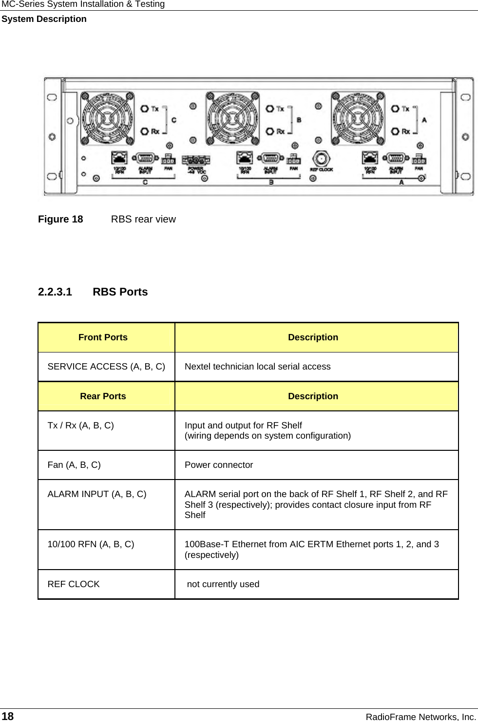 MC-Series System Installation &amp; Testing System Description 18  RadioFrame Networks, Inc.   Figure 18  RBS rear view  2.2.3.1 RBS Ports  Front Ports  Description SERVICE ACCESS (A, B, C)  Nextel technician local serial access Rear Ports  Description Tx / Rx (A, B, C)  Input and output for RF Shelf  (wiring depends on system configuration) Fan (A, B, C)  Power connector ALARM INPUT (A, B, C) ALARM serial port on the back of RF Shelf 1, RF Shelf 2, and RF Shelf 3 (respectively); provides contact closure input from RF Shelf 10/100 RFN (A, B, C)  100Base-T Ethernet from AIC ERTM Ethernet ports 1, 2, and 3 (respectively) REF CLOCK  not currently used  