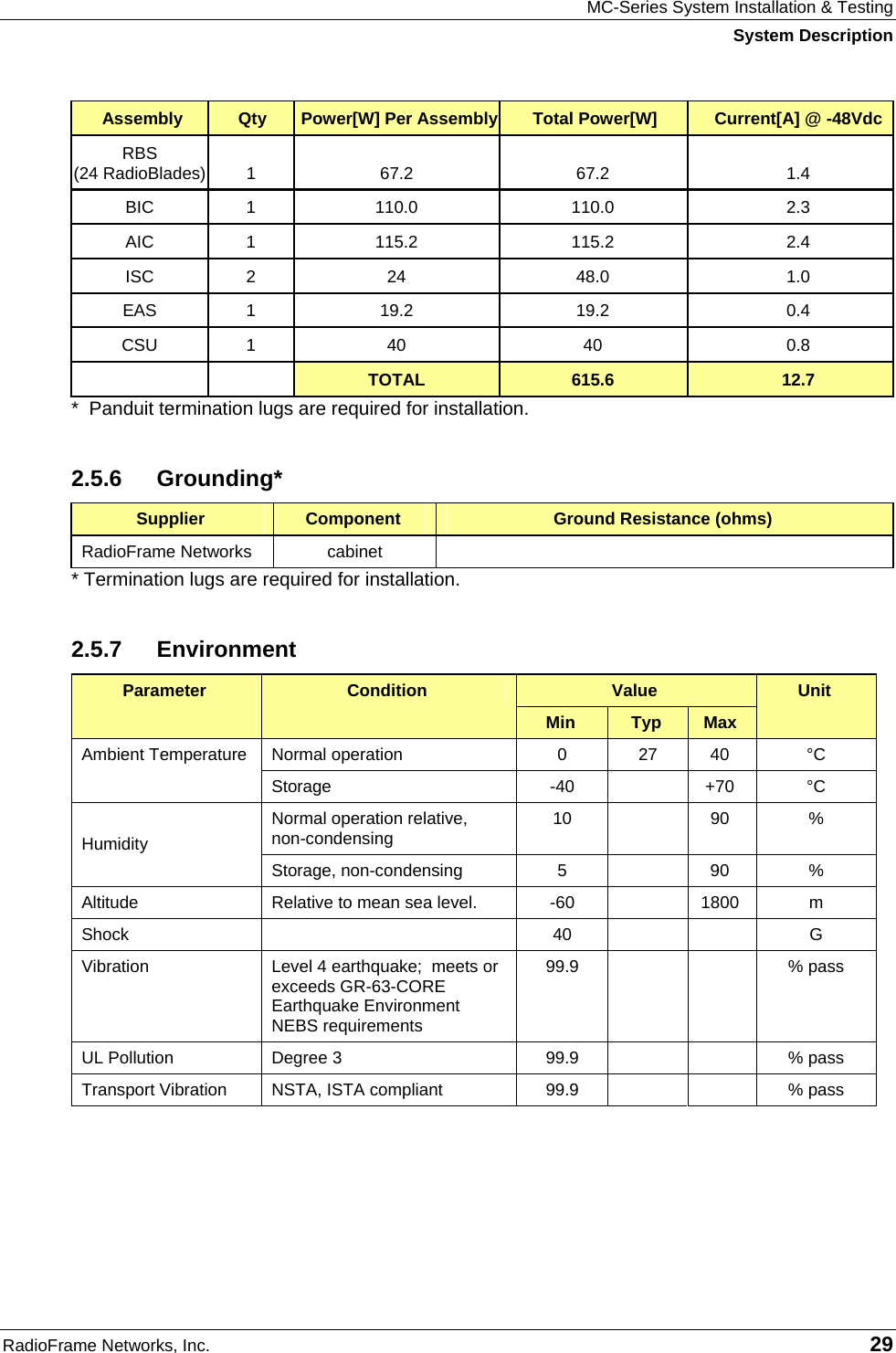 MC-Series System Installation &amp; Testing System Description RadioFrame Networks, Inc.   29 Assembly  Qty  Power[W] Per Assembly Total Power[W]  Current[A] @ -48Vdc RBS  (24 RadioBlades)  1 67.2  67.2  1.4 BIC 1  110.0  110.0  2.3 AIC 1  115.2  115.2  2.4 ISC 2  24  48.0  1.0 EAS 1  19.2  19.2  0.4 CSU 1  40  40  0.8    TOTAL  615.6  12.7 *  Panduit termination lugs are required for installation. 2.5.6 Grounding* Supplier  Component  Ground Resistance (ohms) RadioFrame Networks  cabinet   * Termination lugs are required for installation. 2.5.7 Environment Value Parameter  Condition Min  Typ  Max Unit Normal operation   0  27  40  °C Ambient Temperature Storage -40  +70 °C Normal operation relative, non-condensing  10  90  %  Humidity Storage, non-condensing  5    90  % Altitude  Relative to mean sea level.    -60    1800  m Shock   40   G Vibration  Level 4 earthquake;  meets or exceeds GR-63-CORE Earthquake Environment NEBS requirements 99.9    % pass UL Pollution  Degree 3  99.9      % pass  Transport Vibration  NSTA, ISTA compliant  99.9      % pass   