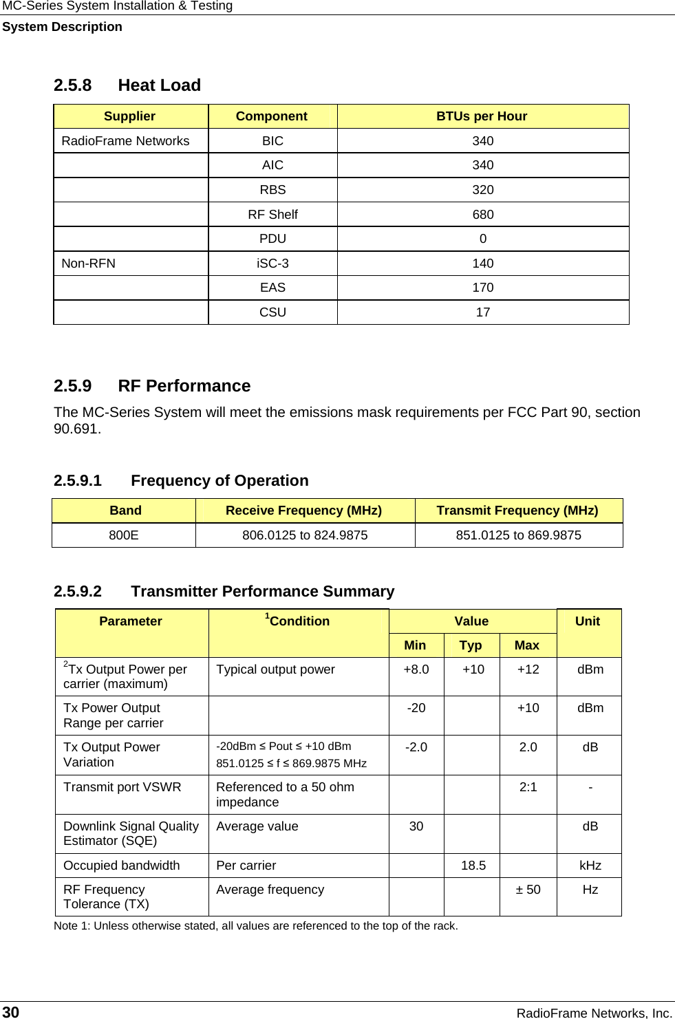 MC-Series System Installation &amp; Testing System Description 30  RadioFrame Networks, Inc. 2.5.8 Heat Load Supplier  Component  BTUs per Hour RadioFrame Networks  BIC  340  AIC 340  RBS 320  RF Shelf 680  PDU 0 Non-RFN iSC-3  140  EAS 170  CSU 17  2.5.9 RF Performance The MC-Series System will meet the emissions mask requirements per FCC Part 90, section 90.691. 2.5.9.1  Frequency of Operation  Band  Receive Frequency (MHz)  Transmit Frequency (MHz) 800E  806.0125 to 824.9875  851.0125 to 869.9875 2.5.9.2  Transmitter Performance Summary  Value Parameter  1Condition Min  Typ  Max Unit 2Tx Output Power per carrier (maximum)  Typical output power   +8.0  +10  +12  dBm Tx Power Output Range per carrier   -20  +10 dBm Tx Output Power Variation -20dBm ≤ Pout ≤ +10 dBm 851.0125 ≤ f ≤ 869.9875 MHz -2.0  2.0 dB Transmit port VSWR  Referenced to a 50 ohm impedance    2:1 - Downlink Signal Quality Estimator (SQE)  Average value  30      dB Occupied bandwidth   Per carrier    18.5    kHz RF Frequency Tolerance (TX)  Average frequency      ± 50  Hz Note 1: Unless otherwise stated, all values are referenced to the top of the rack. 