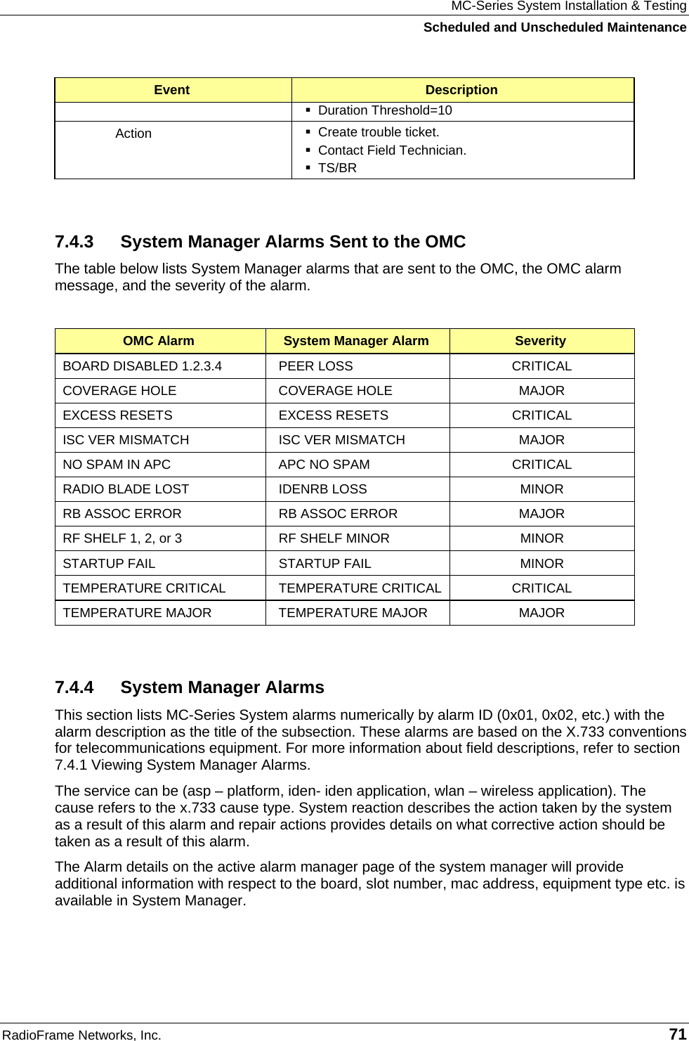 MC-Series System Installation &amp; Testing Scheduled and Unscheduled Maintenance RadioFrame Networks, Inc.   71 Event  Description  Duration Threshold=10 Action   Create trouble ticket.   Contact Field Technician.  TS/BR  7.4.3  System Manager Alarms Sent to the OMC The table below lists System Manager alarms that are sent to the OMC, the OMC alarm message, and the severity of the alarm.   OMC Alarm  System Manager Alarm  Severity BOARD DISABLED 1.2.3.4 PEER LOSS  CRITICAL COVERAGE HOLE  COVERAGE HOLE  MAJOR EXCESS RESETS  EXCESS RESETS  CRITICAL ISC VER MISMATCH  ISC VER MISMATCH  MAJOR NO SPAM IN APC  APC NO SPAM  CRITICAL RADIO BLADE LOST  IDENRB LOSS  MINOR RB ASSOC ERROR  RB ASSOC ERROR  MAJOR RF SHELF 1, 2, or 3  RF SHELF MINOR  MINOR STARTUP FAIL  STARTUP FAIL  MINOR TEMPERATURE CRITICAL  TEMPERATURE CRITICAL  CRITICAL TEMPERATURE MAJOR  TEMPERATURE MAJOR  MAJOR  7.4.4  System Manager Alarms This section lists MC-Series System alarms numerically by alarm ID (0x01, 0x02, etc.) with the alarm description as the title of the subsection. These alarms are based on the X.733 conventions for telecommunications equipment. For more information about field descriptions, refer to section 7.4.1 Viewing System Manager Alarms. The service can be (asp – platform, iden- iden application, wlan – wireless application). The cause refers to the x.733 cause type. System reaction describes the action taken by the system as a result of this alarm and repair actions provides details on what corrective action should be taken as a result of this alarm.   The Alarm details on the active alarm manager page of the system manager will provide additional information with respect to the board, slot number, mac address, equipment type etc. is available in System Manager. 