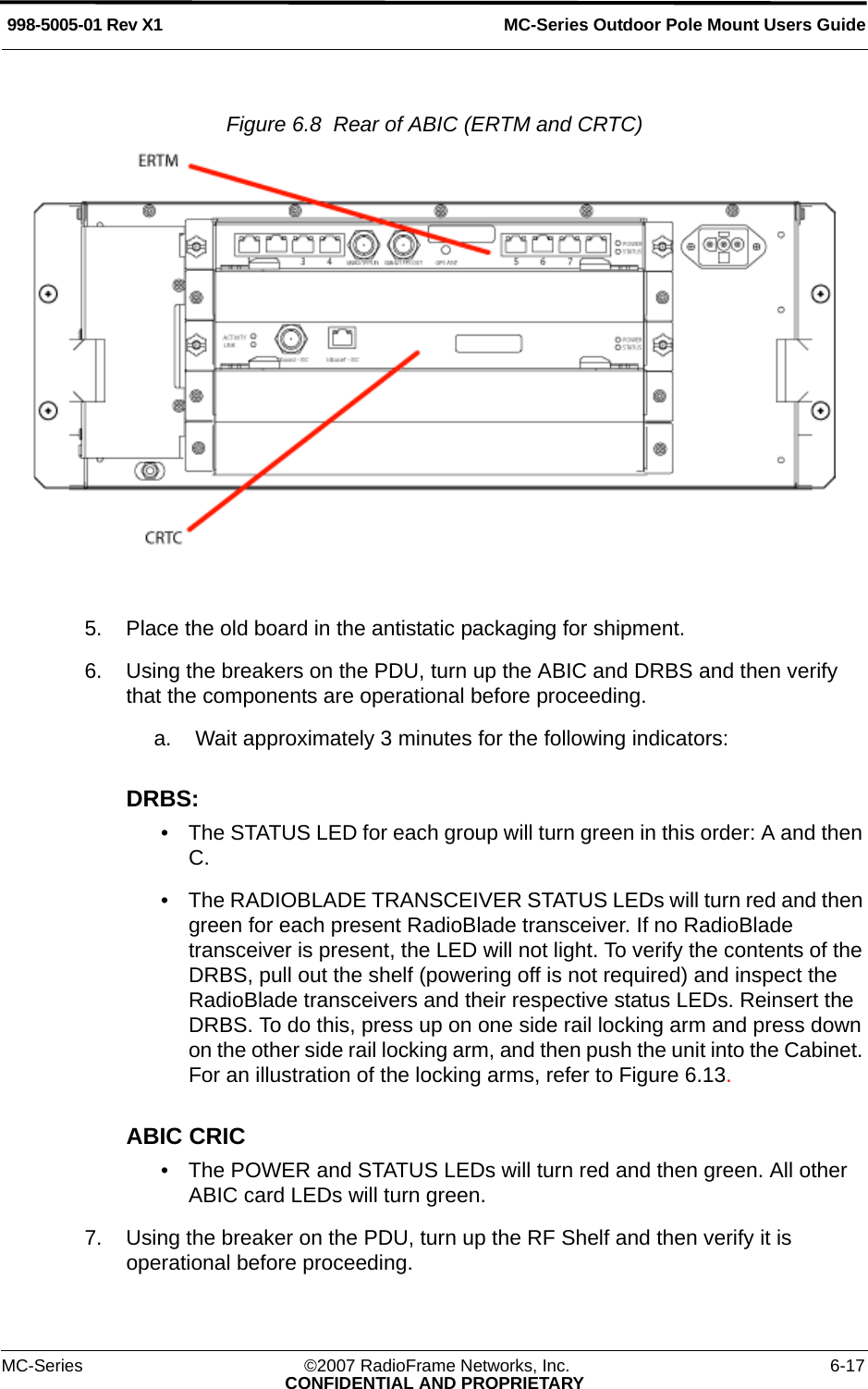 MC-Series Outdoor Pole Mount Users Guide998-5005-01 Rev X1MC-Series ©2007 RadioFrame Networks, Inc. 6-17CONFIDENTIAL AND PROPRIETARYFigure 6.8  Rear of ABIC (ERTM and CRTC) 5. Place the old board in the antistatic packaging for shipment.6. Using the breakers on the PDU, turn up the ABIC and DRBS and then verify that the components are operational before proceeding.a. Wait approximately 3 minutes for the following indicators:DRBS:• The STATUS LED for each group will turn green in this order: A and then C. • The RADIOBLADE TRANSCEIVER STATUS LEDs will turn red and then green for each present RadioBlade transceiver. If no RadioBlade transceiver is present, the LED will not light. To verify the contents of the DRBS, pull out the shelf (powering off is not required) and inspect the RadioBlade transceivers and their respective status LEDs. Reinsert the DRBS. To do this, press up on one side rail locking arm and press down on the other side rail locking arm, and then push the unit into the Cabinet. For an illustration of the locking arms, refer to Figure 6.13.ABIC CRIC• The POWER and STATUS LEDs will turn red and then green. All other ABIC card LEDs will turn green.7. Using the breaker on the PDU, turn up the RF Shelf and then verify it is operational before proceeding.
