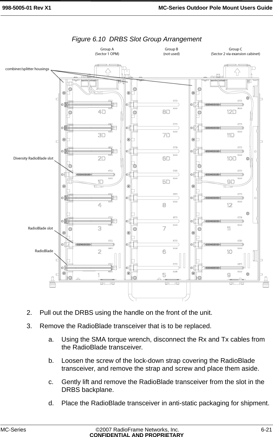 MC-Series Outdoor Pole Mount Users Guide998-5005-01 Rev X1MC-Series ©2007 RadioFrame Networks, Inc. 6-21CONFIDENTIAL AND PROPRIETARYFigure 6.10  DRBS Slot Group Arrangement 2. Pull out the DRBS using the handle on the front of the unit.3. Remove the RadioBlade transceiver that is to be replaced.a. Using the SMA torque wrench, disconnect the Rx and Tx cables from the RadioBlade transceiver. b. Loosen the screw of the lock-down strap covering the RadioBlade transceiver, and remove the strap and screw and place them aside. c. Gently lift and remove the RadioBlade transceiver from the slot in the DRBS backplane. d. Place the RadioBlade transceiver in anti-static packaging for shipment.
