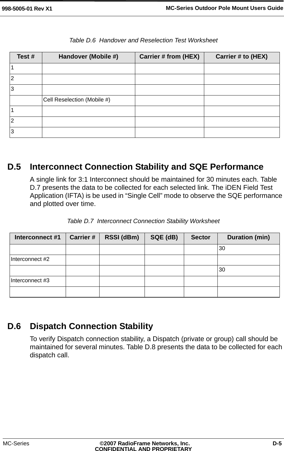 MC-Series ©2007 RadioFrame Networks, Inc. D-5CONFIDENTIAL AND PROPRIETARYMC-Series Outdoor Pole Mount Users Guide998-5005-01 Rev X1Table D.6  Handover and Reselection Test Worksheet D.5 Interconnect Connection Stability and SQE PerformanceA single link for 3:1 Interconnect should be maintained for 30 minutes each. Table D.7 presents the data to be collected for each selected link. The iDEN Field Test Application (IFTA) is be used in “Single Cell” mode to observe the SQE performance and plotted over time.Table D.7  Interconnect Connection Stability Worksheet D.6 Dispatch Connection StabilityTo verify Dispatch connection stability, a Dispatch (private or group) call should be maintained for several minutes. Table D.8 presents the data to be collected for each dispatch call.Test # Handover (Mobile #) Carrier # from (HEX) Carrier # to (HEX)123Cell Reselection (Mobile #)123Interconnect #1 Carrier # RSSI (dBm) SQE (dB) Sector Duration (min)30Interconnect #230Interconnect #3